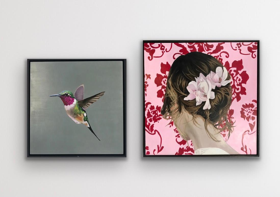 Angela Smith  Portrait Painting - Diptych of Single hummingbird & Tuesday's Girl (Sakura), Originals, Floral, Girl