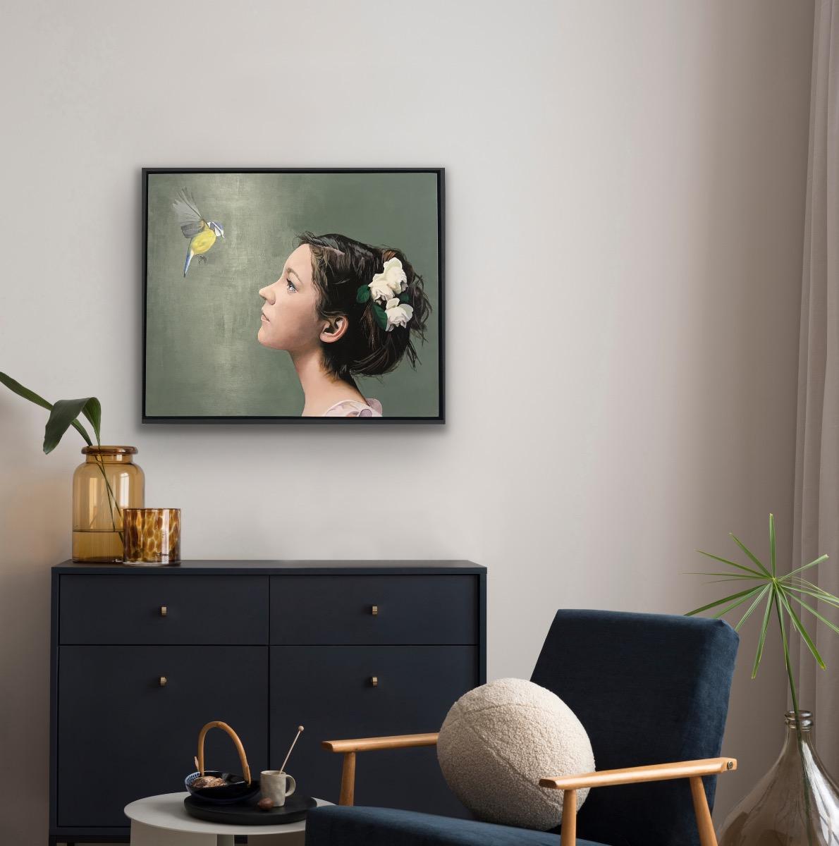 Original painting by Angela Smith showing girl enchanted by humming bird.

A portrayal of young girl with brown hair tied back by white flowers looking up to meet the gaze of a humming bird hovering slightly above.

Additional Information:
Oil on