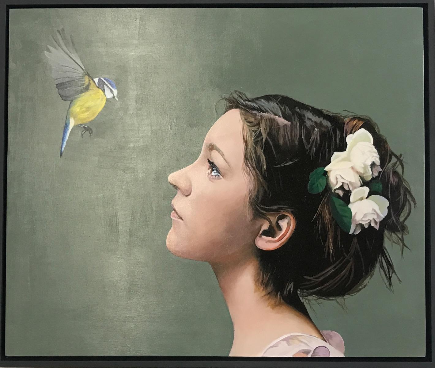 Angela Smith  Still-Life Painting - Secret Moon Garden (The Shepherdess), Girl, Bird, Portrait