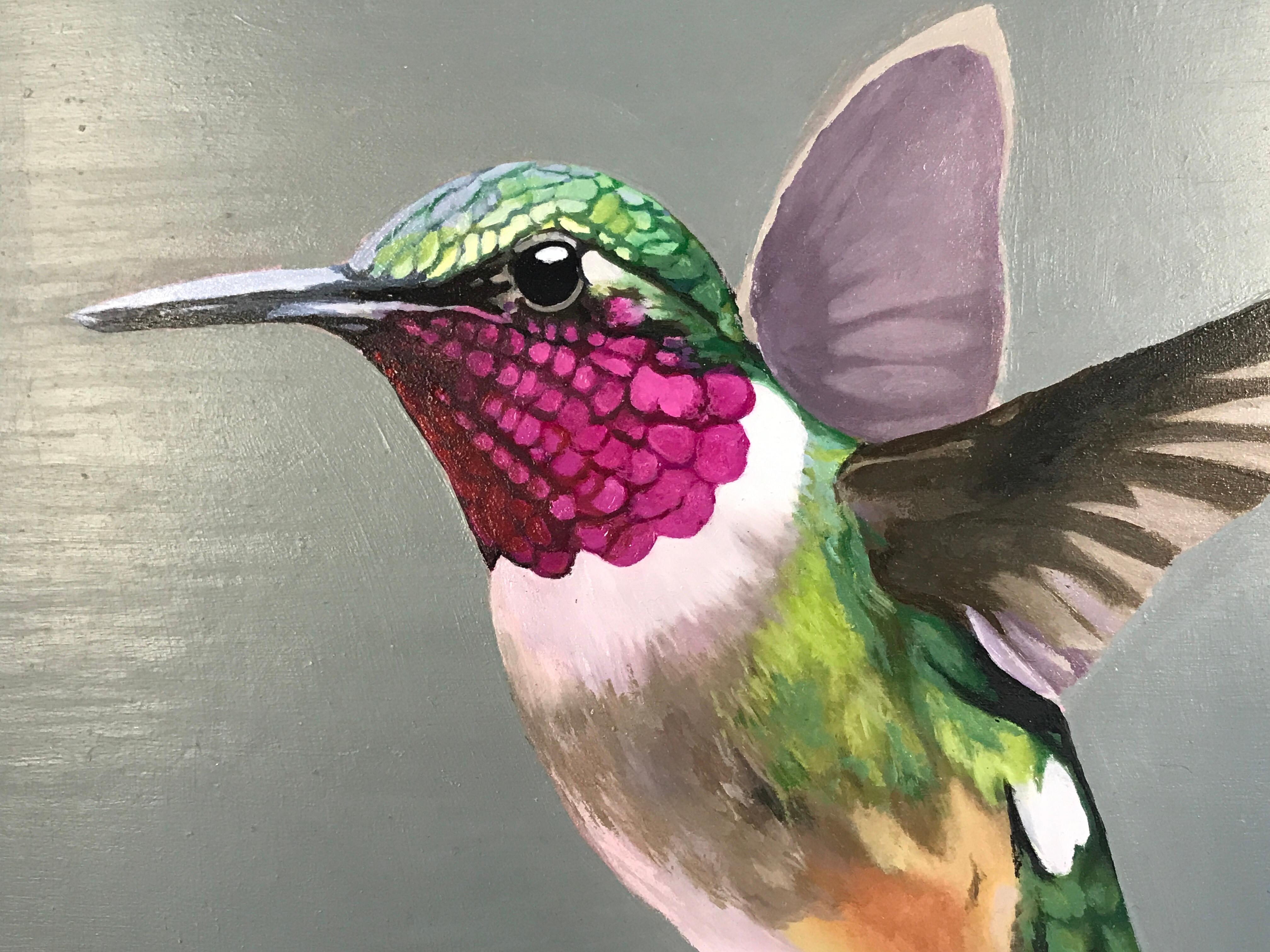 Single hummingbird, oil on panel by Angela Smith Hummingbird on a green background, perfectly painted with lots of detail. 

ADDITIONAL INFORMATION:
Single Hummingbird by Angela Smith
Original Painting
Oil Paint on Panel
Framed size: 45.5 H x 45.5 W