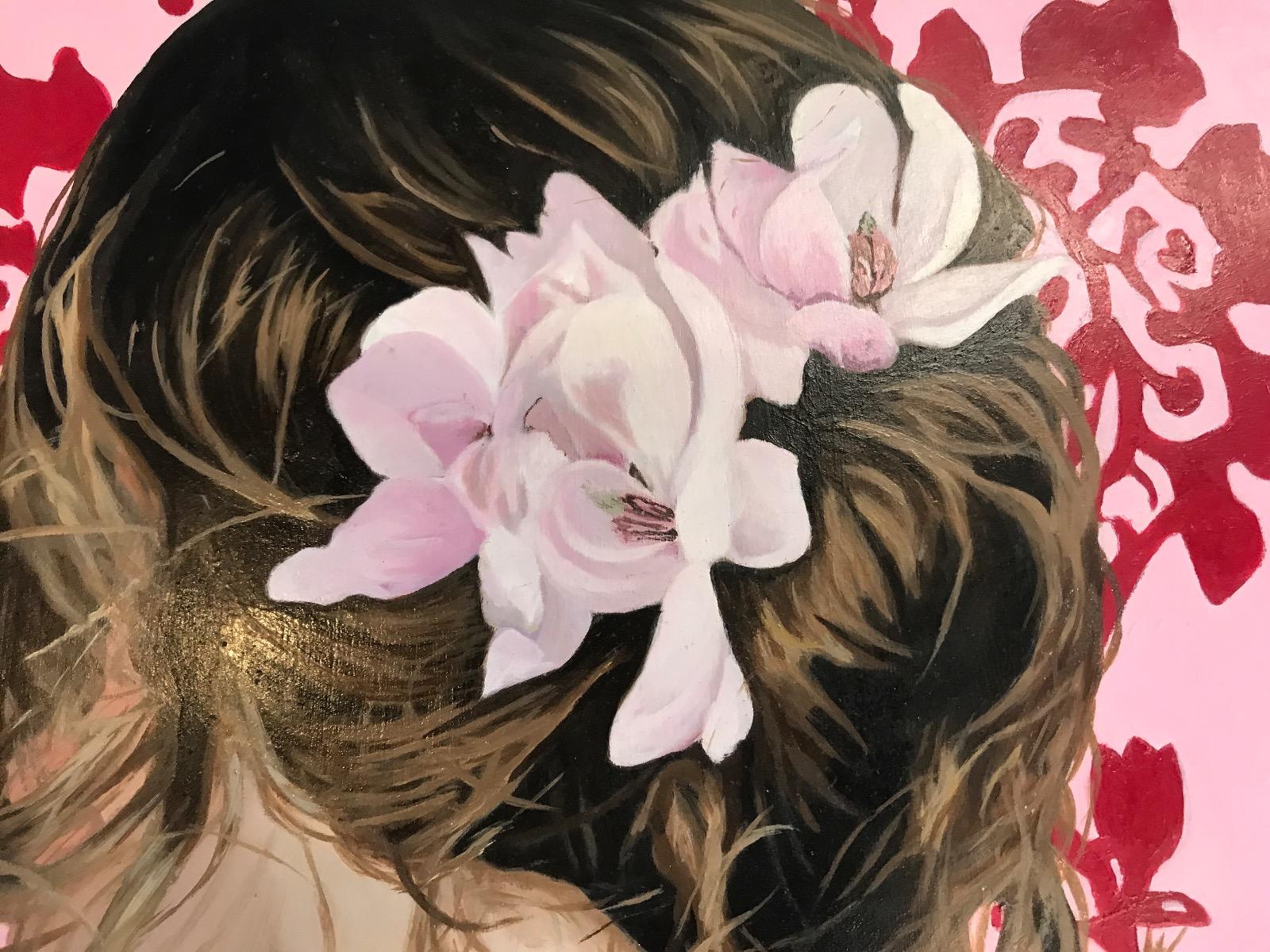 Original painting by Angela Smith showing back of girl's head.

A portrayal of young girl with brown hair tied back by pink flowers.  Surrounded by a vibrant damask pink background.

ADDITIONAL INFORMATION:
Original painting
Oil Paint on