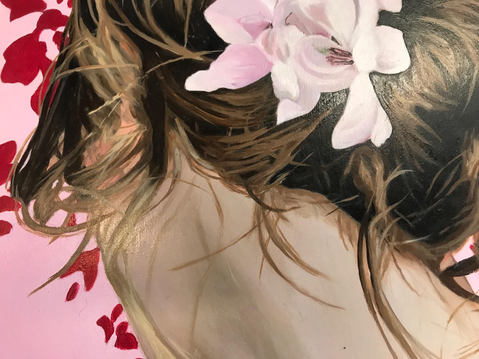 Ragazza del martedì (Sakura), Pittura originale, Ragazza, Ritratto, Floreale, Donna, Rosa - Portrait Painting Beige di Angela Smith 