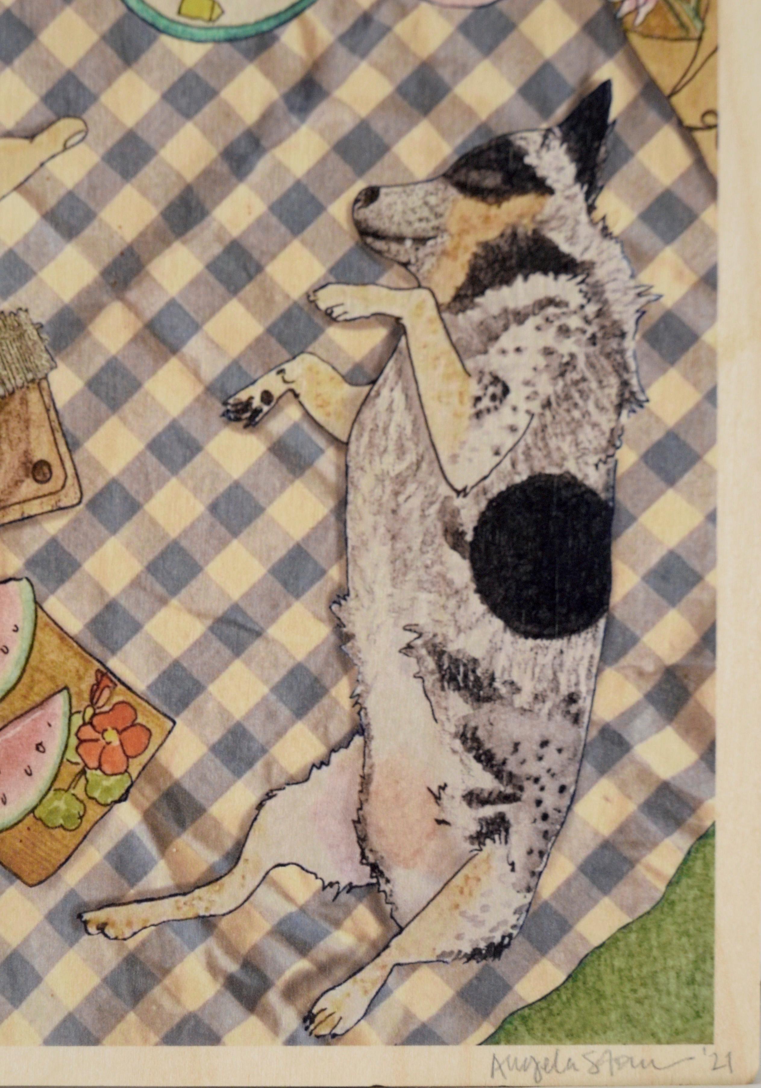 „Otis“ – einzigartiger Illustrationsdruck auf Holz 

Eine charmante Illustration eines Blueheelers auf einer Picknickdecke aus der Vogelperspektive der kalifornischen Künstlerin Angela Stone (Amerikanerin, geb. 1983). Die Szene blickt auf zwei Paare