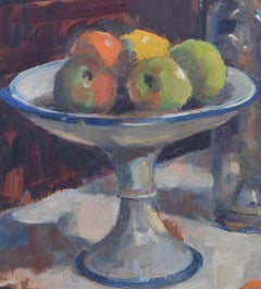 Angela Stones: Still Life with Fruit and Bottle mid-20th century oil painting