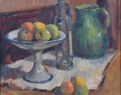 Angela Stones: Still Life with Fruit and Bottle mid-20th century oil painting 
