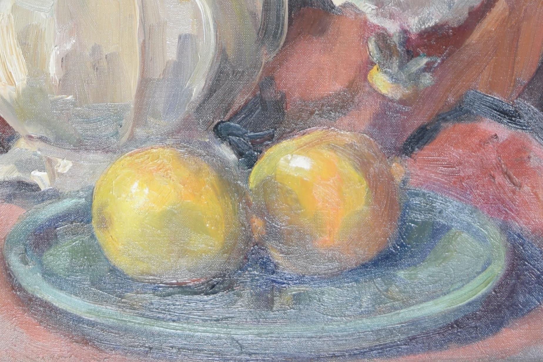 Angela Stones: Still Life with Fruit and Flowers mid-20th century oil painting  For Sale 1