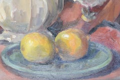 Angela Stones : Nature morte avec fruits et fleurs, peinture à l'huile du milieu du XXe siècle
