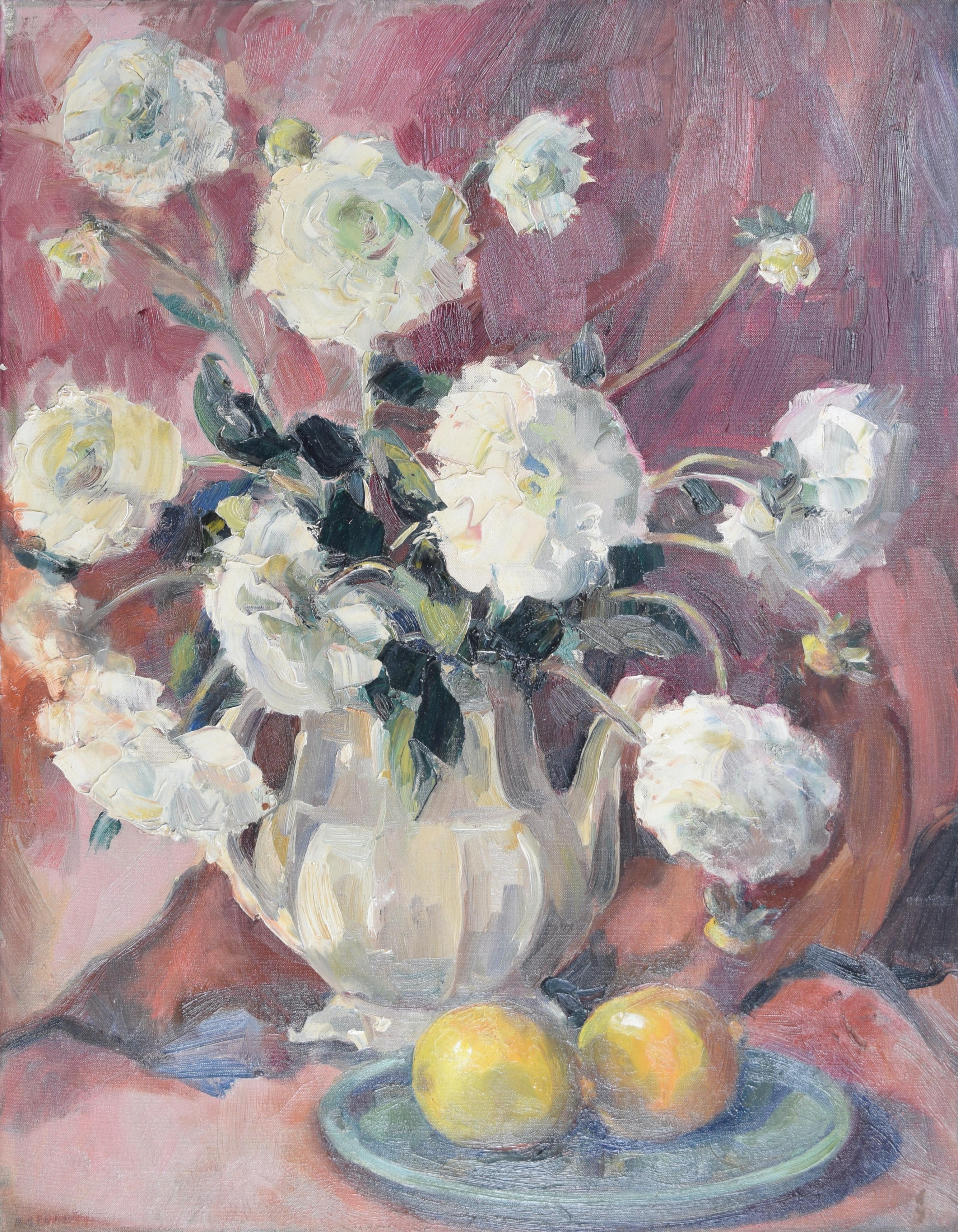 Angela Stones : Nature morte avec fruits et fleurs, peinture à l'huile du milieu du XXe siècle 