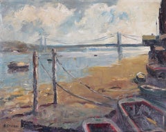 Vintage View from Battersea Bridge mid-century oil painting by Angela Stones