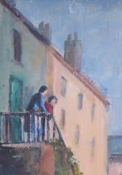 Scena di strada francese della metà del XX secolo dipinta ad olio da Angela Stones