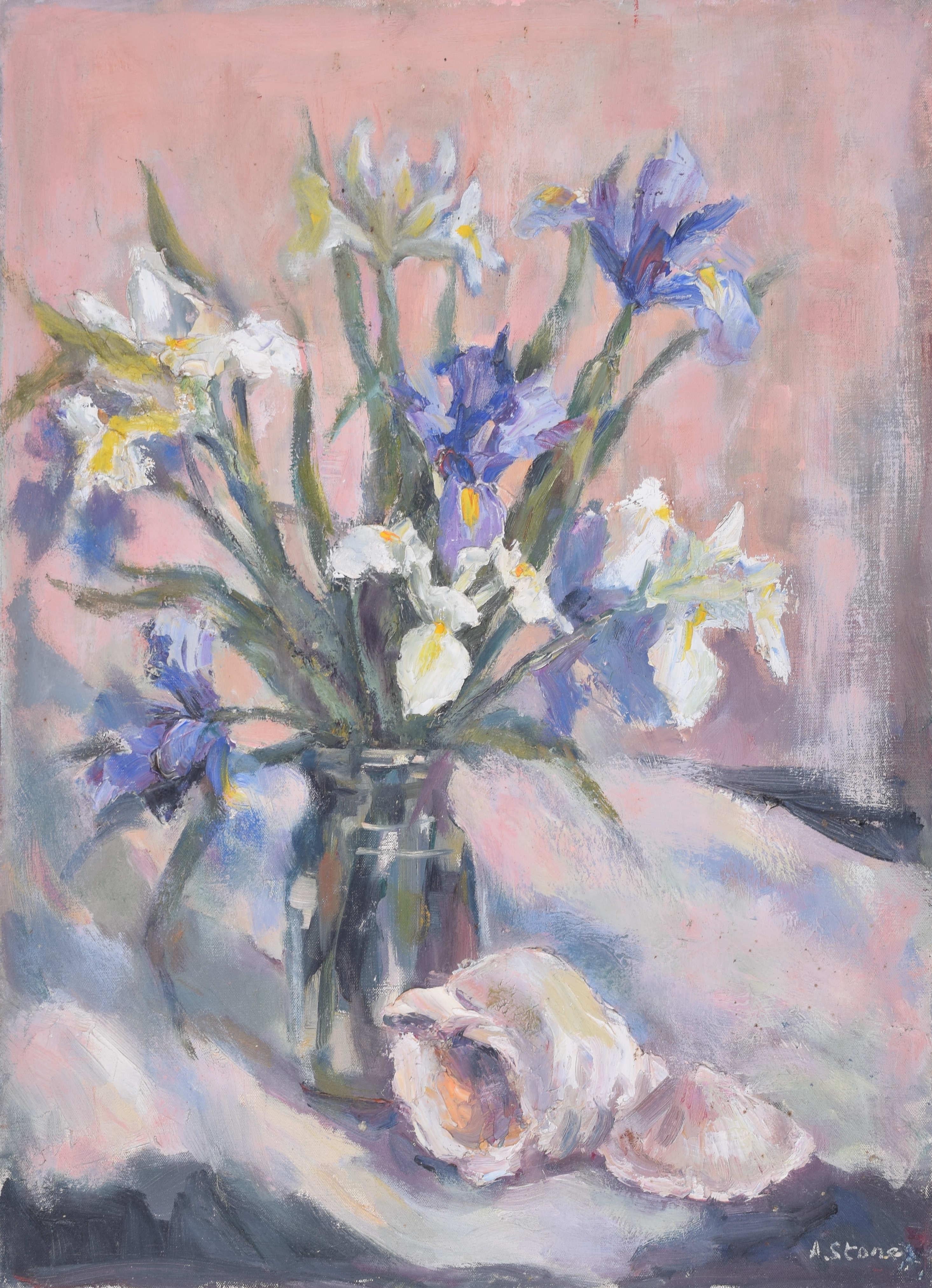 Irises mid-20th century flowers oil painting by Angela Stones