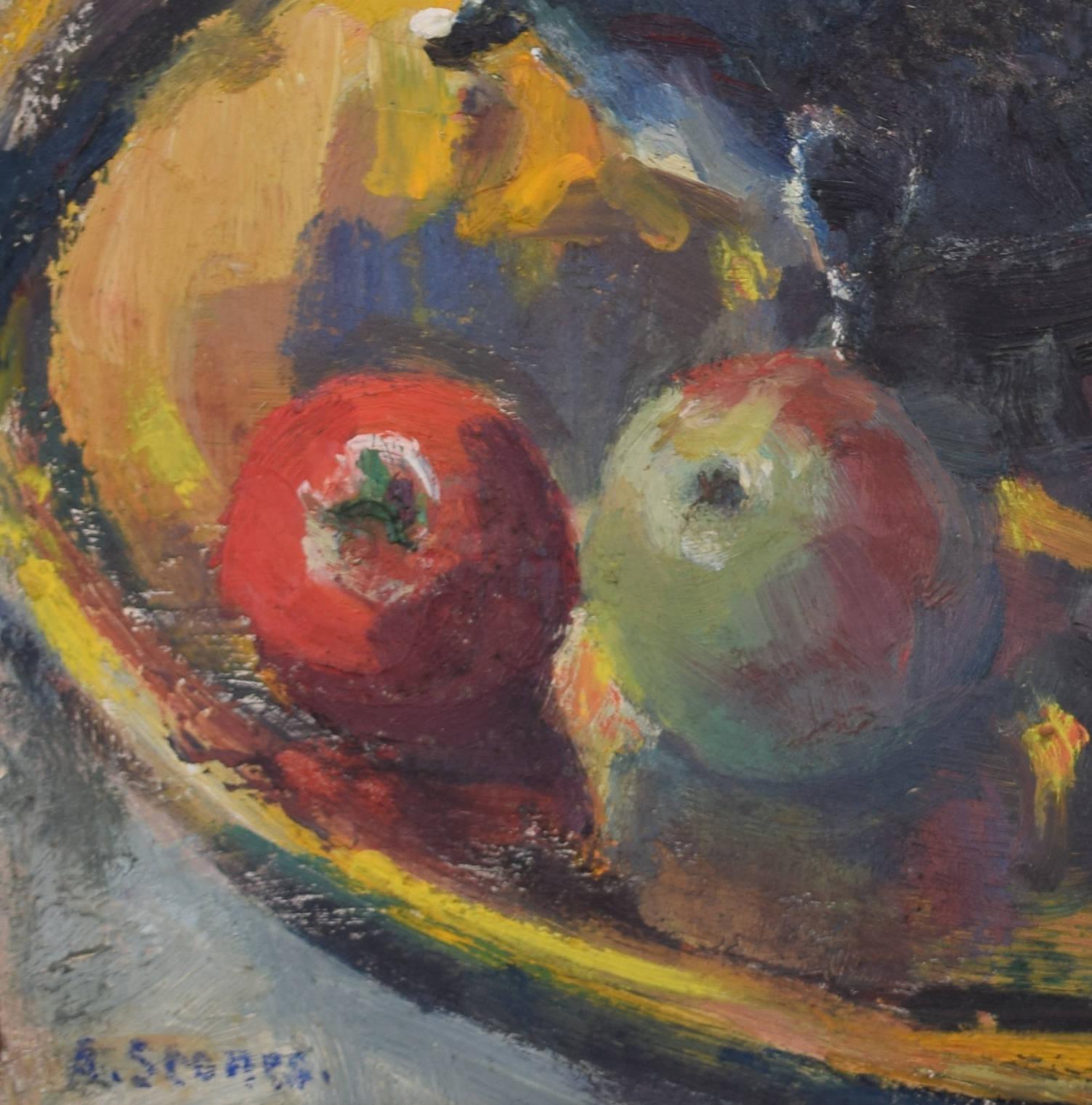 Nature morte avec cafetière et fruits Peinture à l'huile du 20e siècle par Angela Stones en vente 2