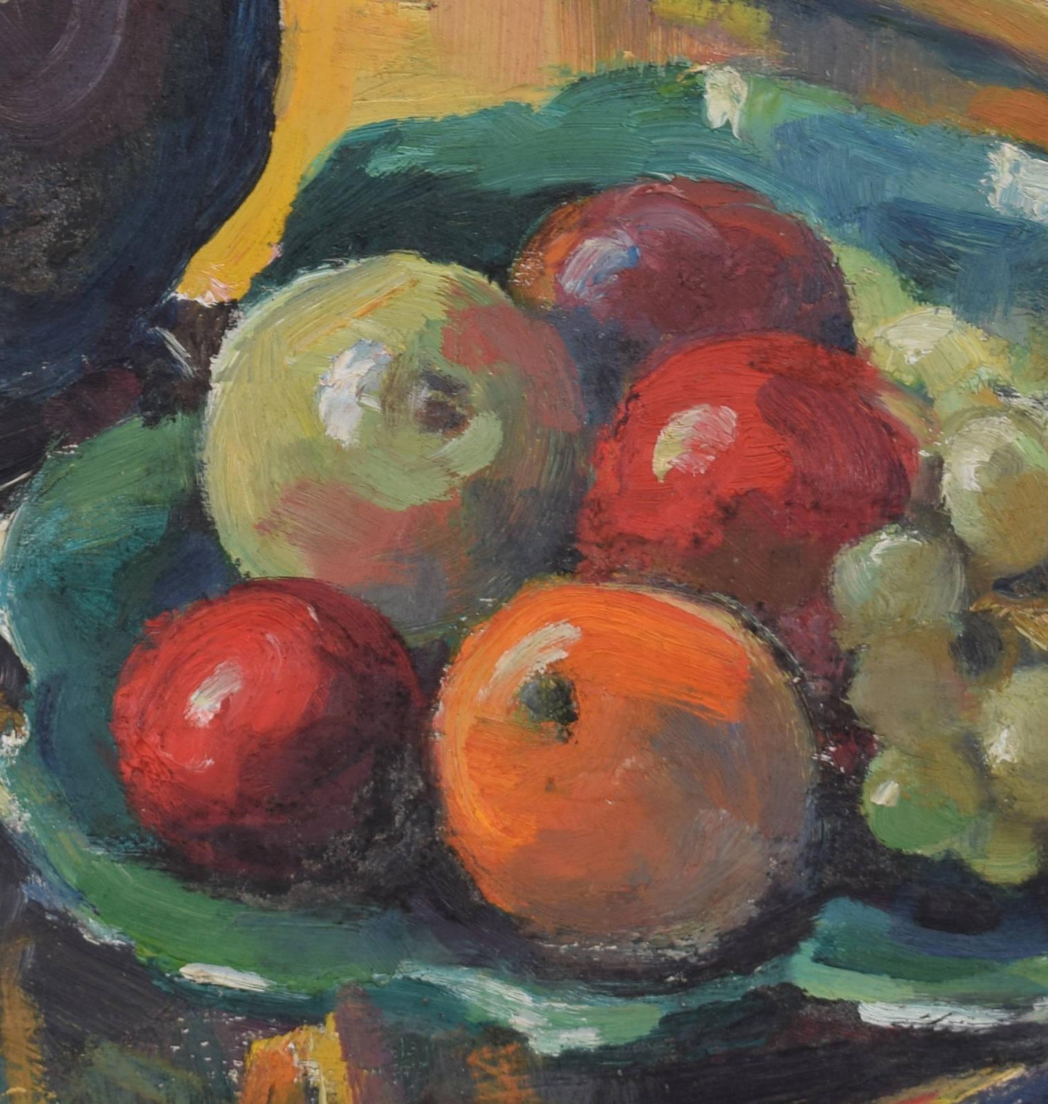 Nature morte avec cafetière et fruits Peinture à l'huile du 20e siècle par Angela Stones en vente 3