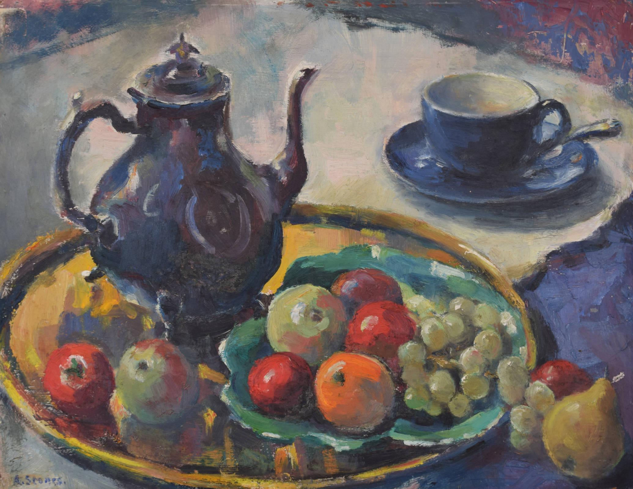 Stillleben mit Kaffeekanne und Obst, Ölgemälde von Angela Stones, 20. Jahrhundert