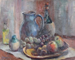 Vintage Still Life with Fruit and Jug mid-20th century oil painting by Angela Stones