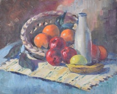 Vintage Still Life with Fruit and Milk Bottle 20th century oil painting by Angela Stones