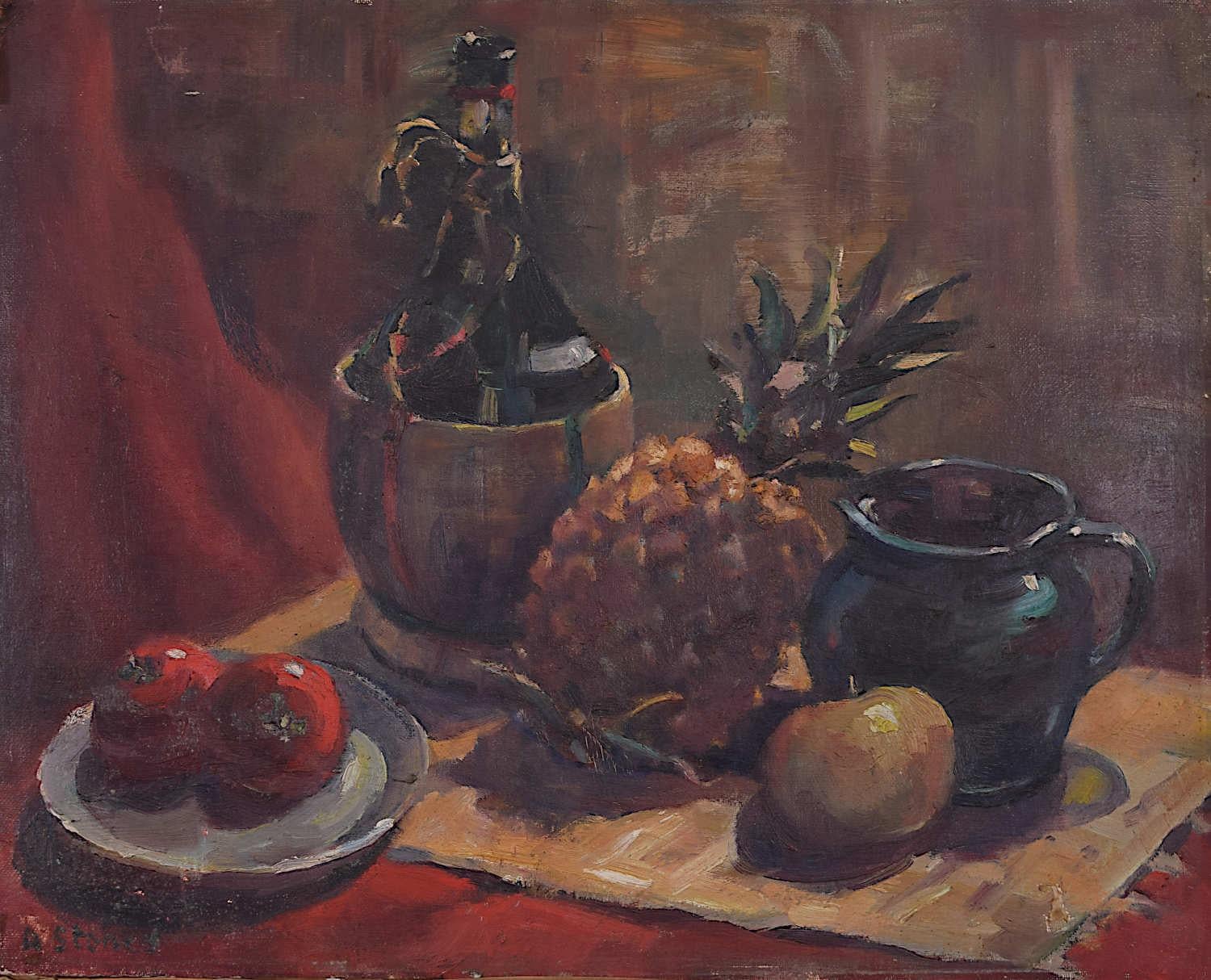 Stillleben mit Ananas, Ölgemälde des 20. Jahrhunderts von Angela Stones