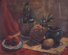 Vintage Still Life with Pineapple 20th century oil painting by Angela Stones