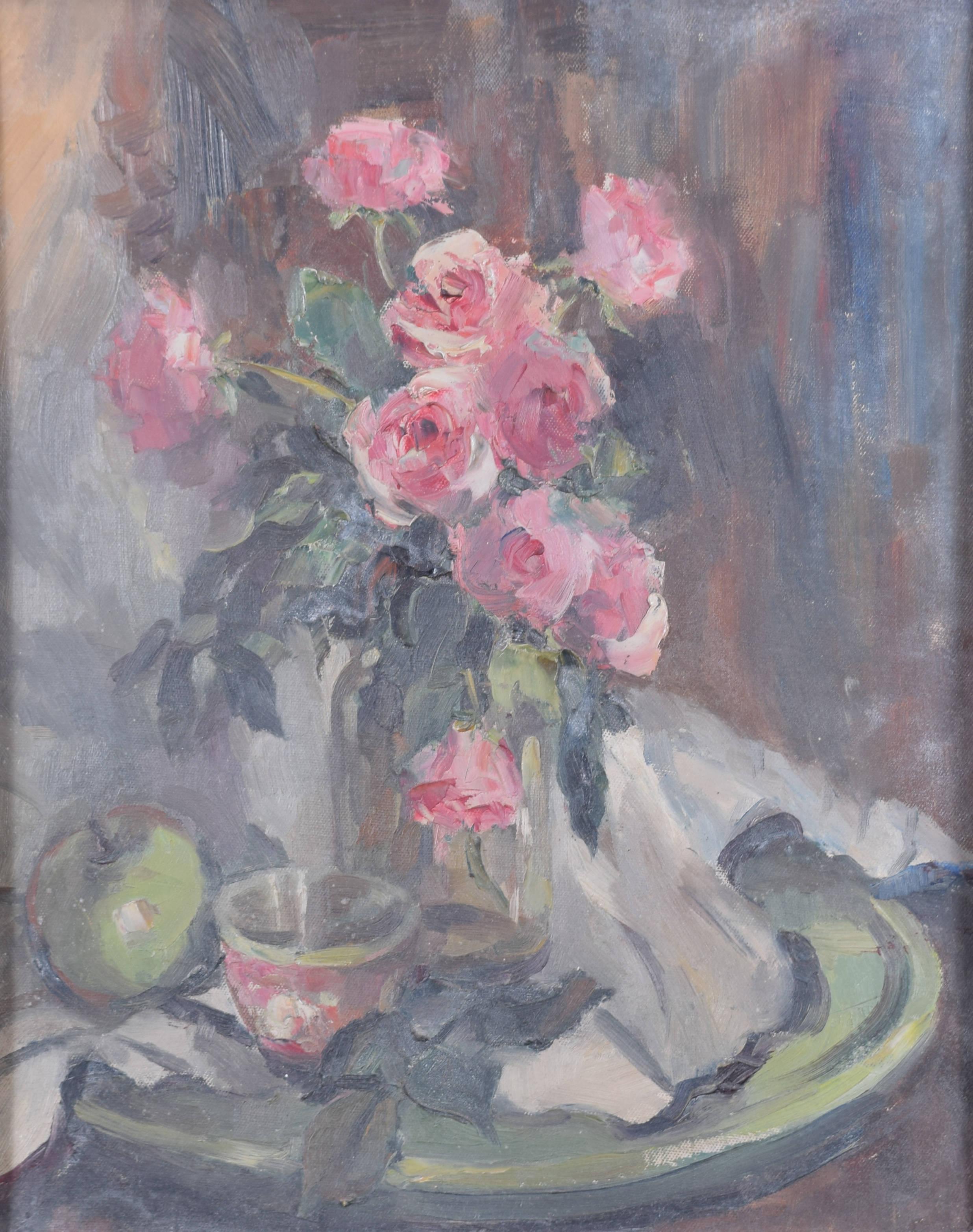 Still Life with Pink Roses mid-20th century oil painting by Angela Stones For Sale 1