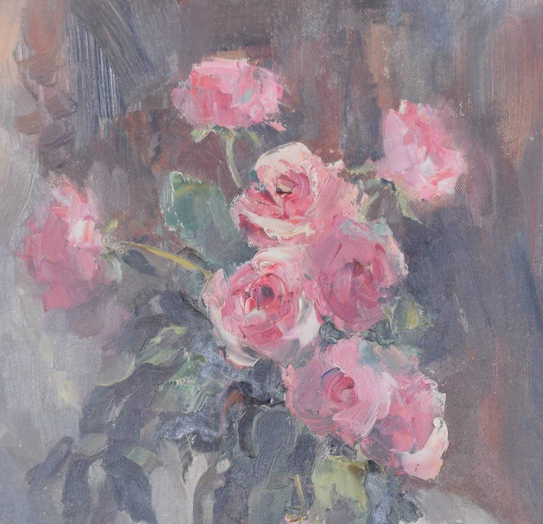 Still Life with Pink Roses mid-20th century oil painting by Angela Stones For Sale 2