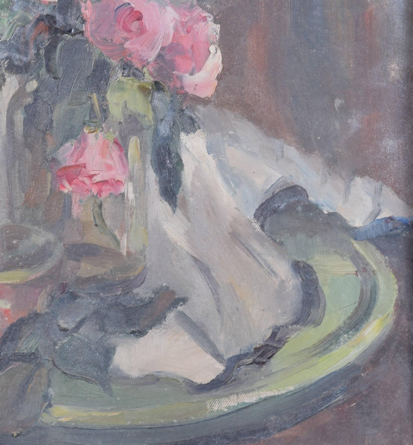 Still Life with Pink Roses mid-20th century oil painting by Angela Stones For Sale 4