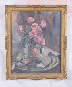 Nature morte aux roses roses peinture à l'huile du milieu du 20e siècle par Angela Stones