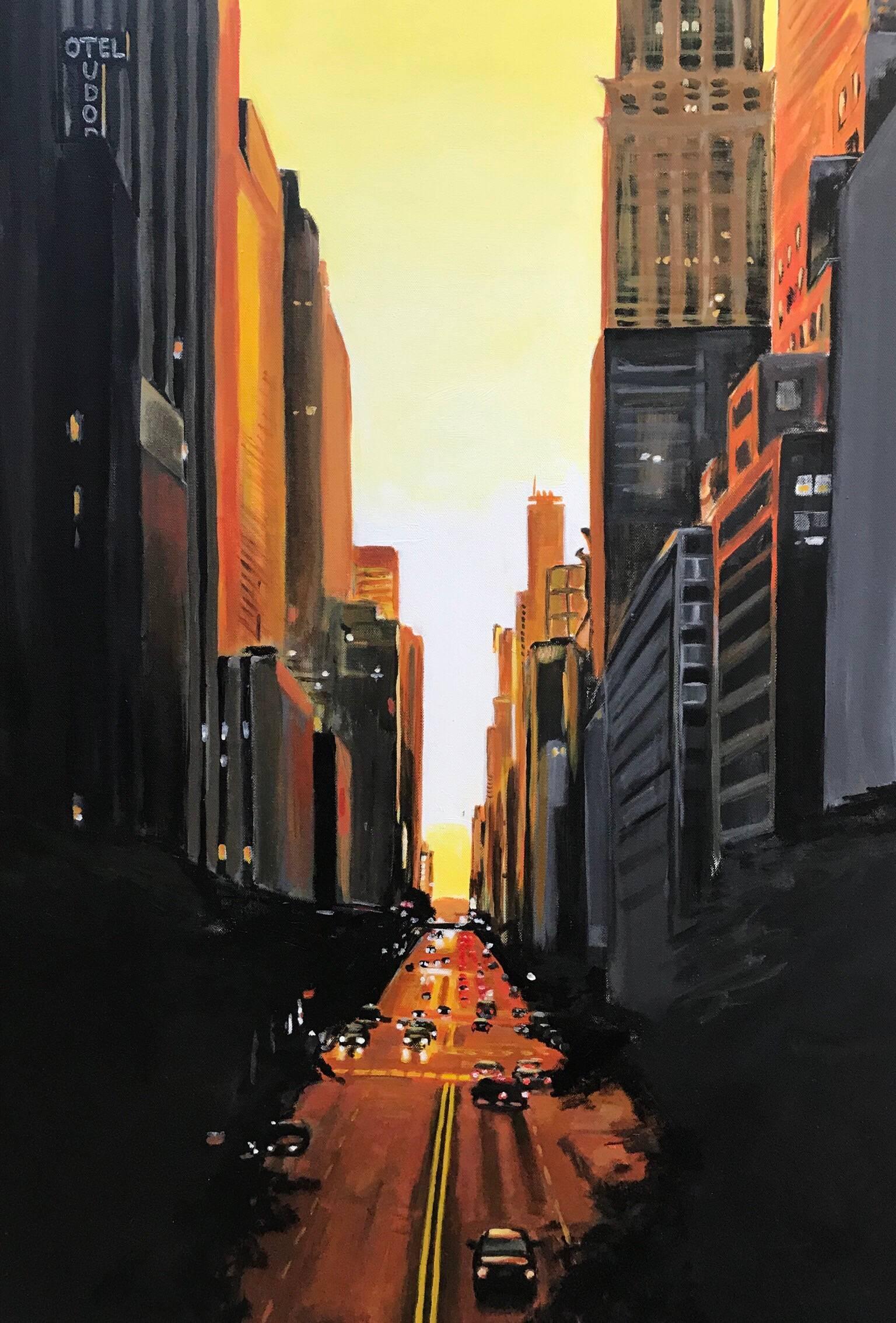42nd Street Cityscape Painting by British Urban Landscape Artist Angela Wakefield. This original is part of the New York Series and has been featured in exhibitions in the south of England, namely in a showcase entitled ‘Life in the Urban