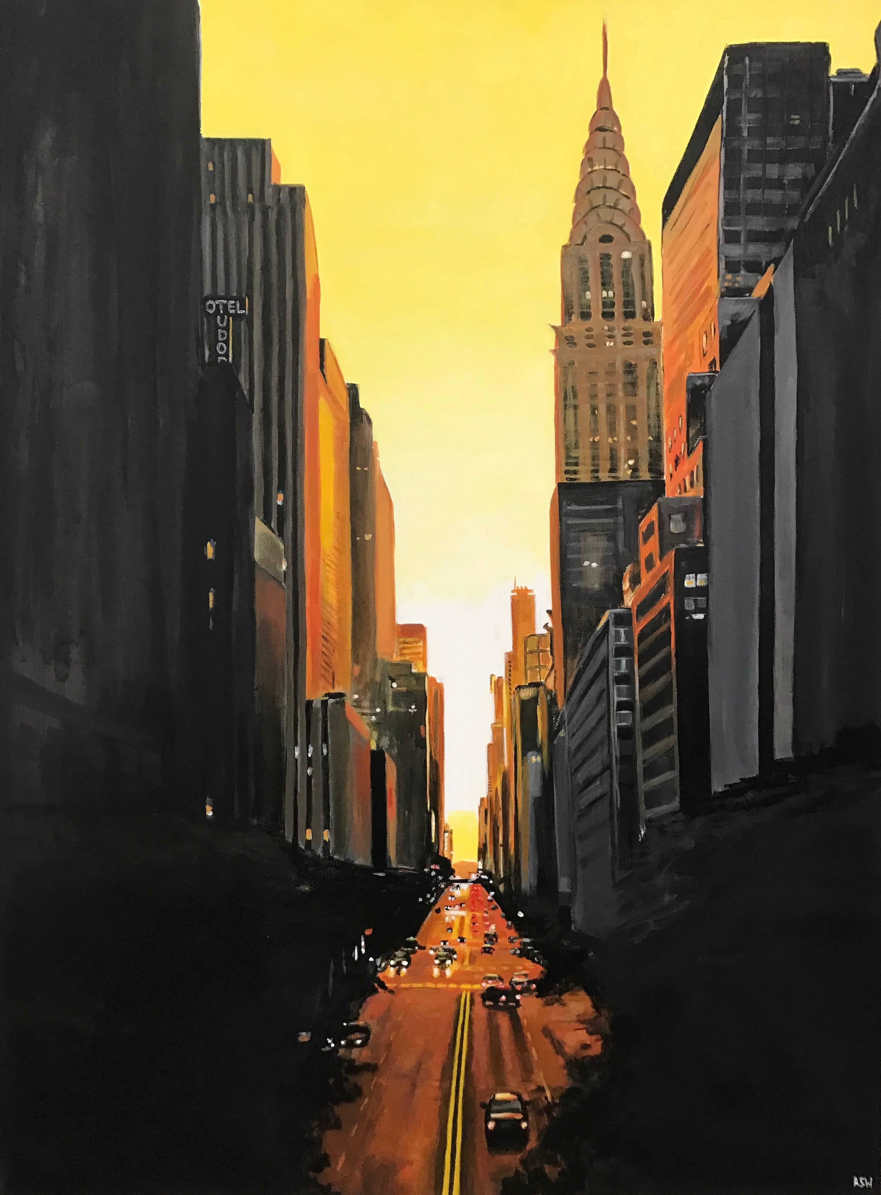 Angela Wakefield Landscape Painting - 42nd Street New York Series Cityscape Painting by British Urban Landscape Artist
