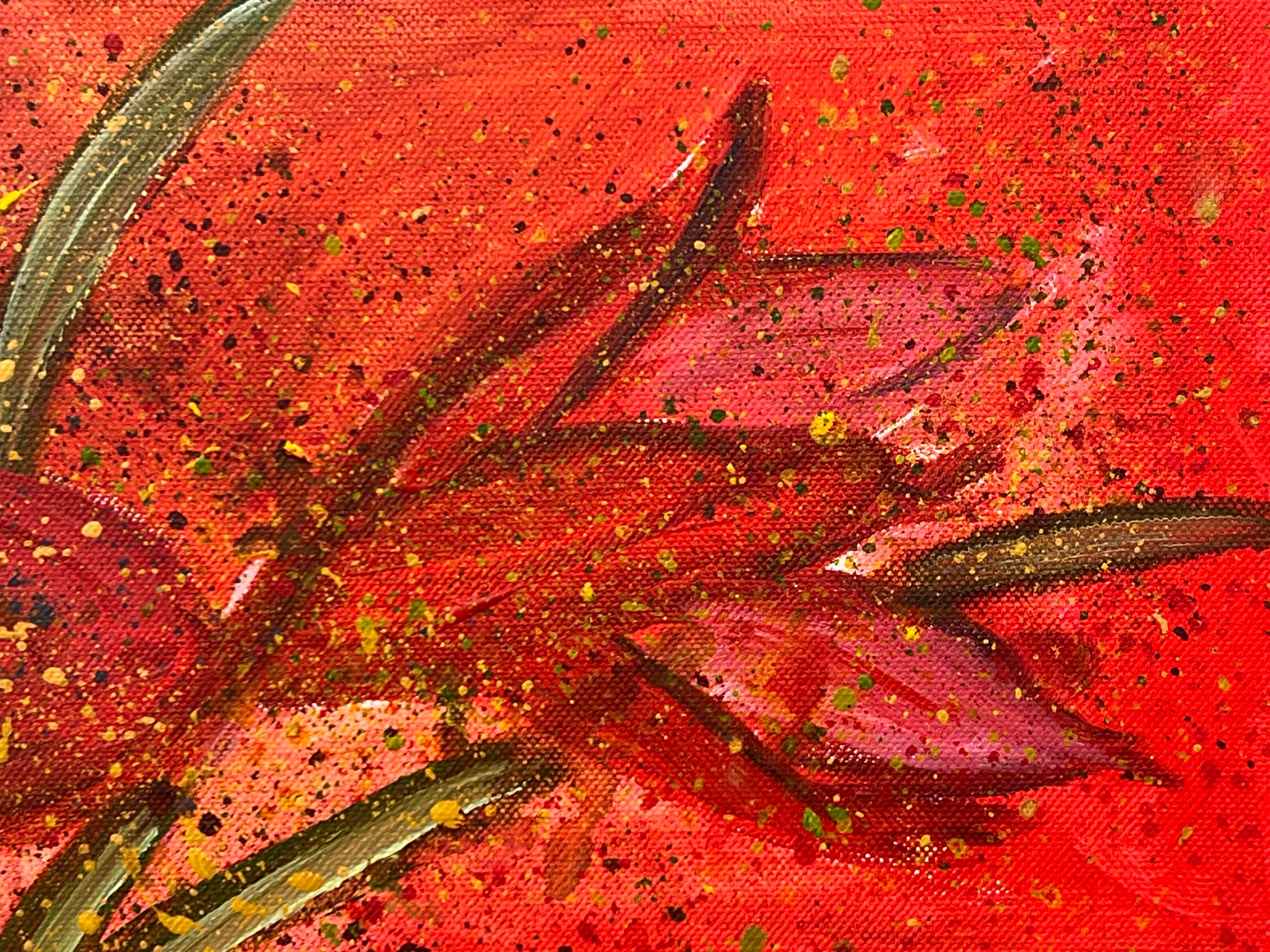 Un vibrante fiore rosso astratto con spruzzi di verde e giallo su tela 7