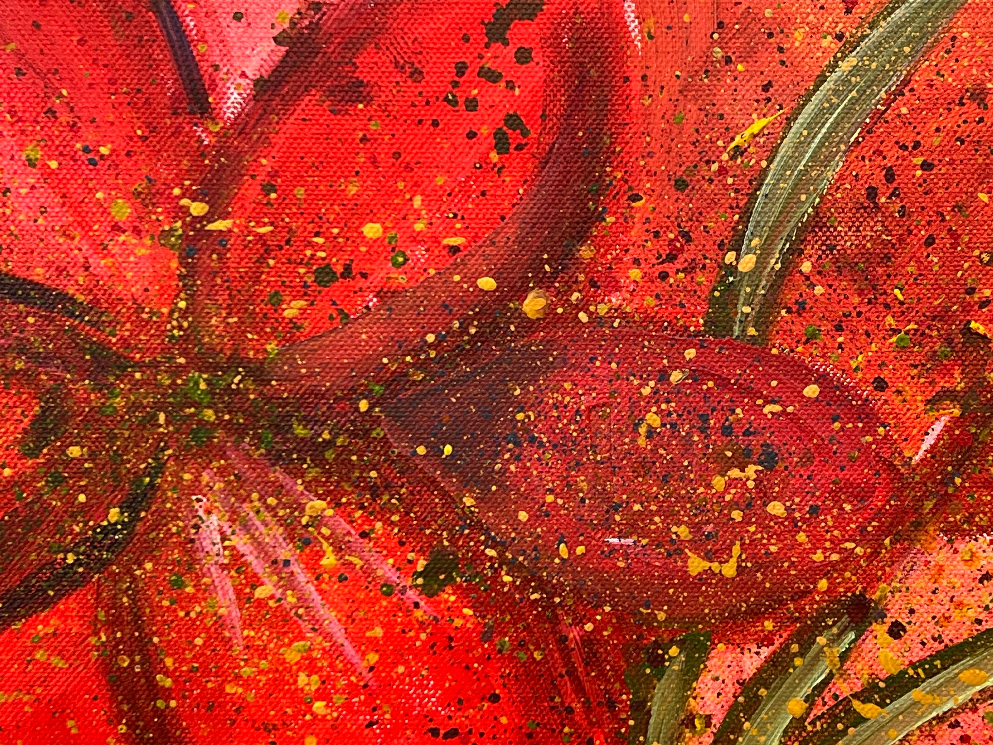 Un vibrante fiore rosso astratto con spruzzi di verde e giallo su tela 5
