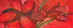 Un vibrante fiore rosso astratto con spruzzi di verde e giallo su tela