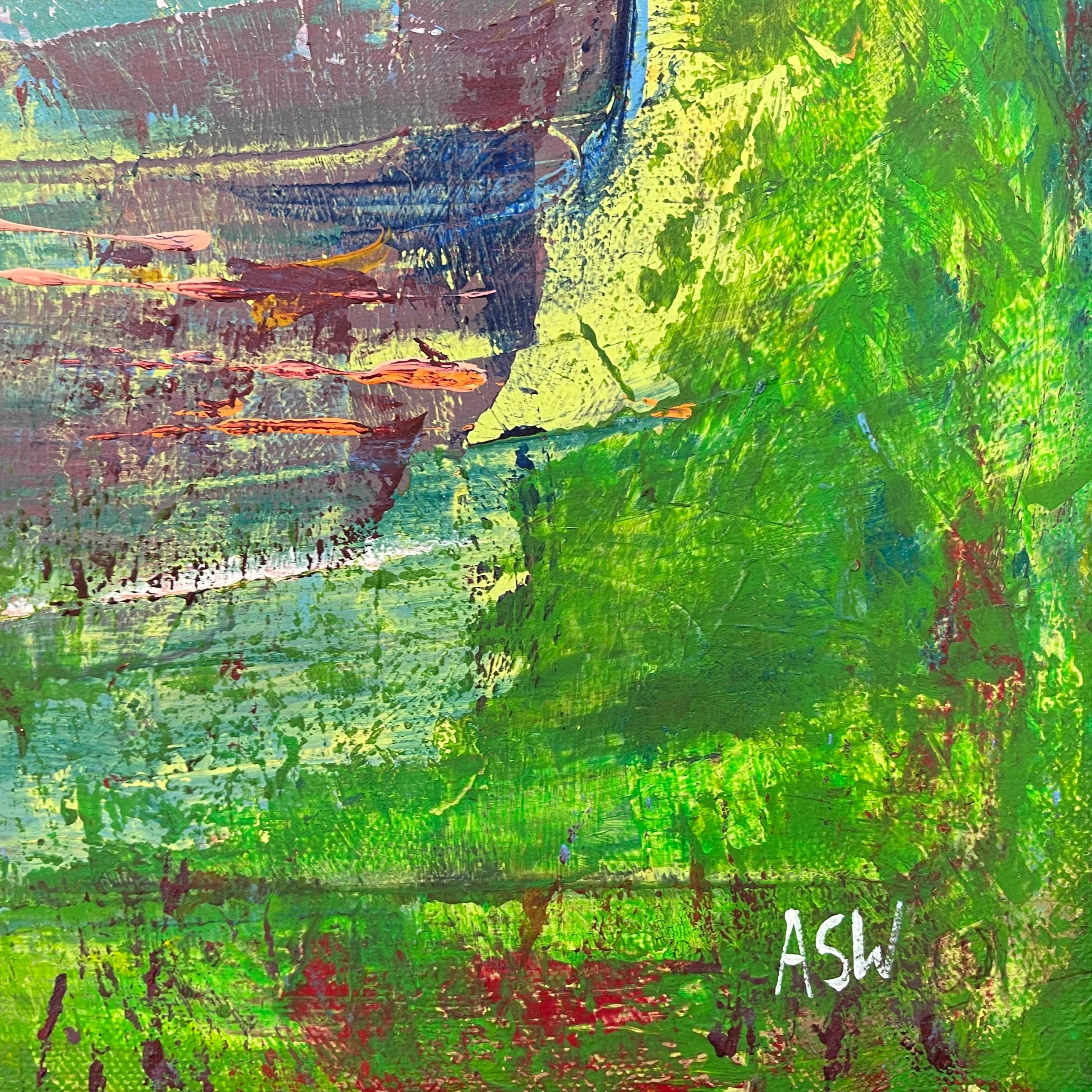Paysage de coucher de soleil abstrait en bleu, orange et rouge par l'artiste britannique contemporain en vente 8