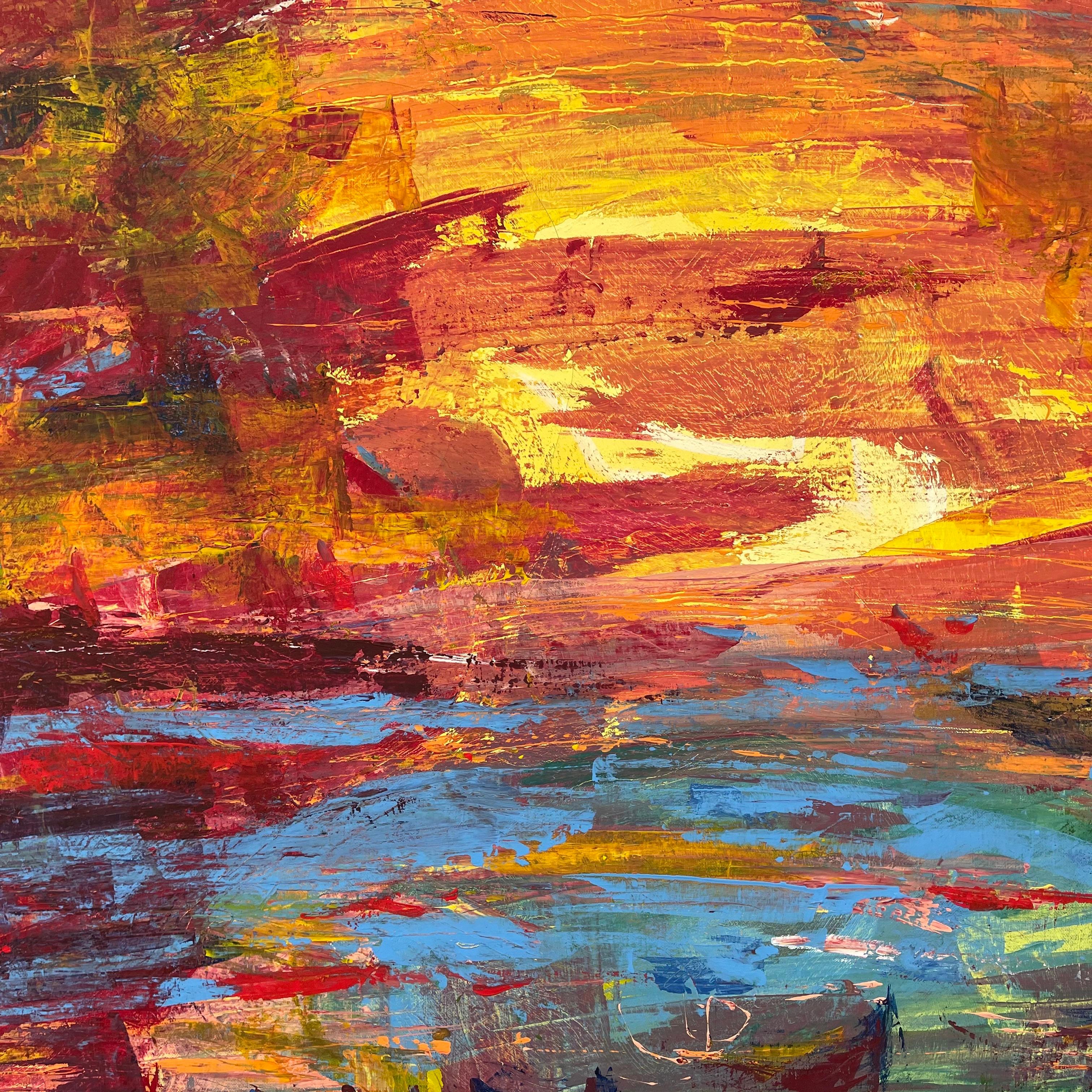 Abstract Blue Orange & Red Lake Sunset Landscape by Contemporary British Artist For Sale 7