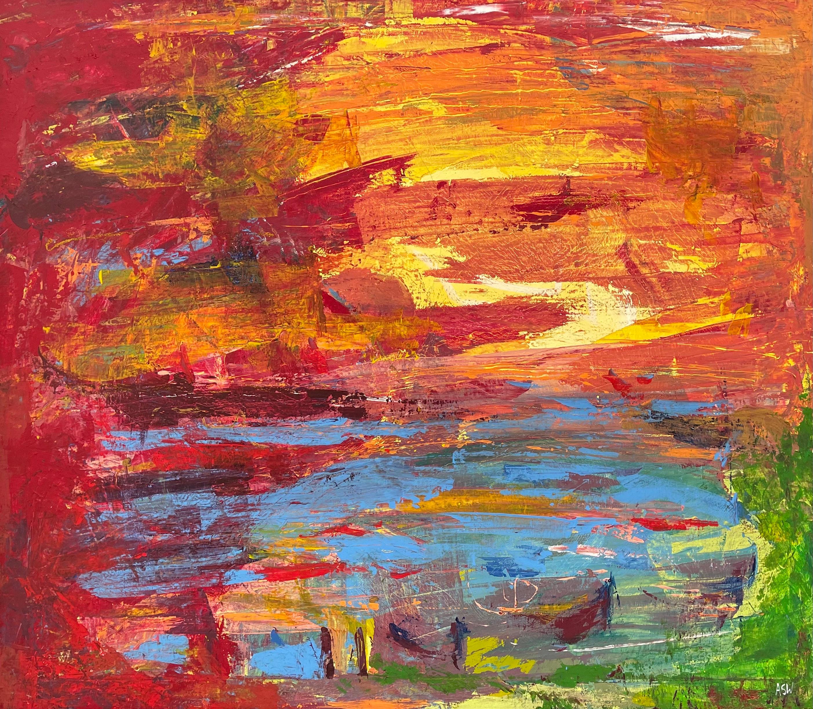 Abstract Blue Orange & Red Lake Sunset Landscape by Contemporary British Artist For Sale 8