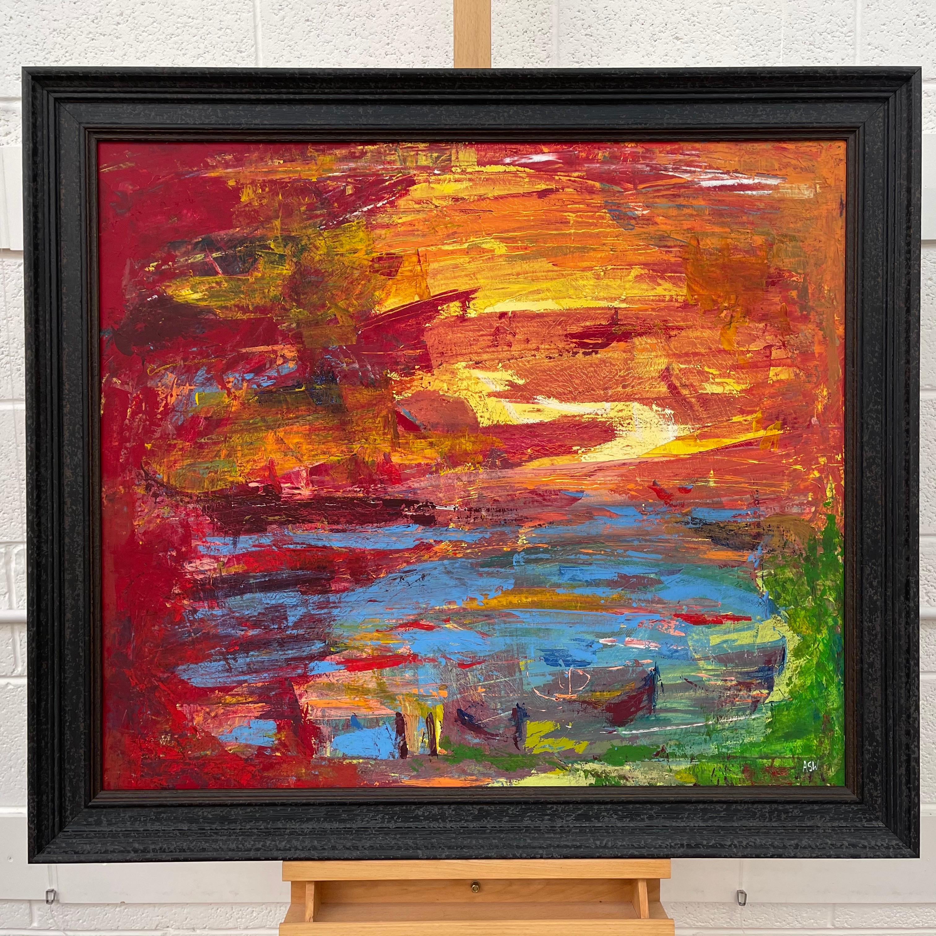 Abstrakte blau-orange-rote See-Sonnenuntergang-Landschaft des zeitgenössischen britischen Künstlers im Angebot 2