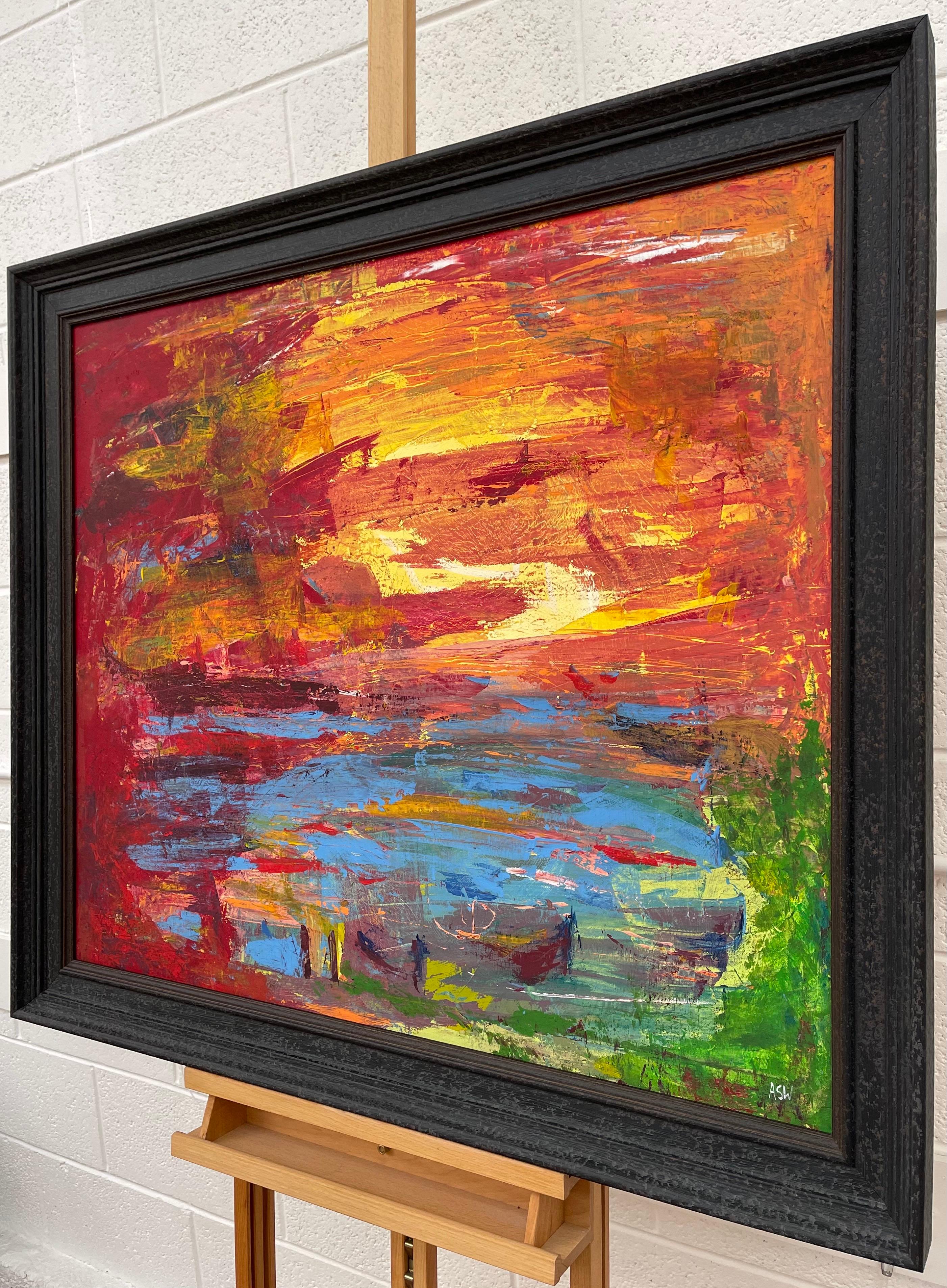Abstract Blue Orange & Red Lake Sunset Landscape by Contemporary British Artist, Angela Wakefield. 

Art measures 36 x 30 inches
Frame measures 41 x 35 inches 

This painting is a rare early painting from an intense body of seminal abstract work