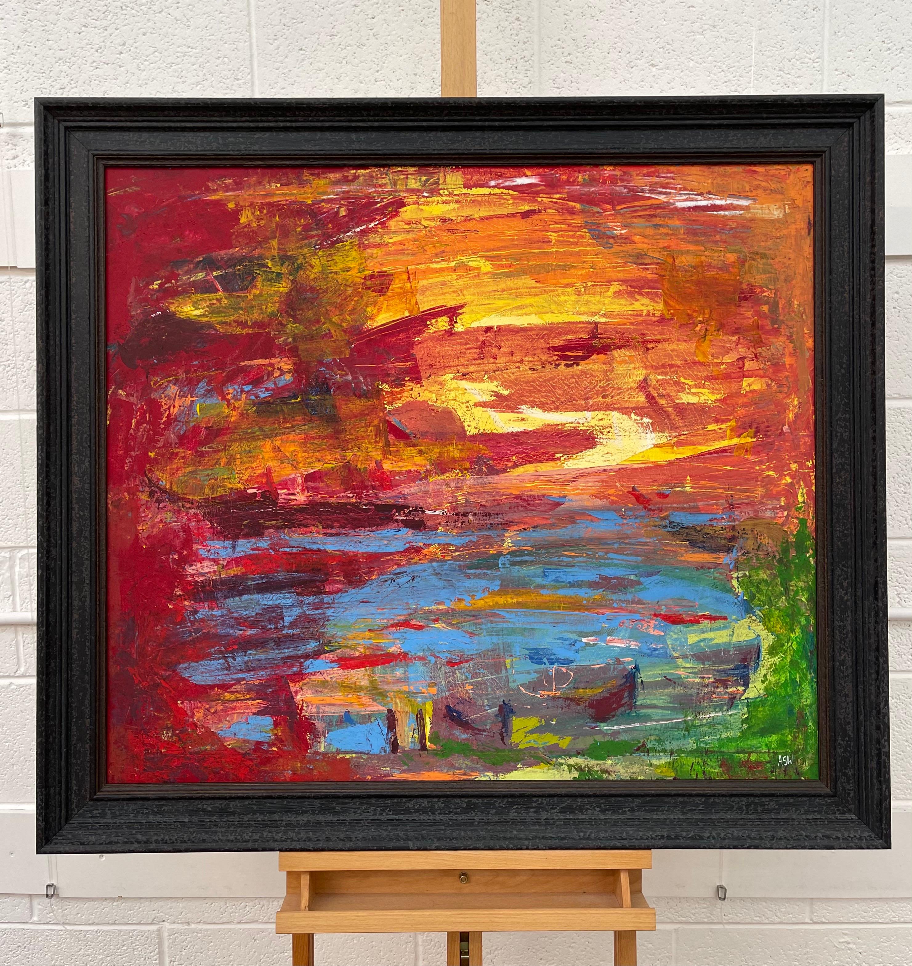 Abstract Blue Orange & Red Lake Sunset Landscape by Contemporary British Artist For Sale 1