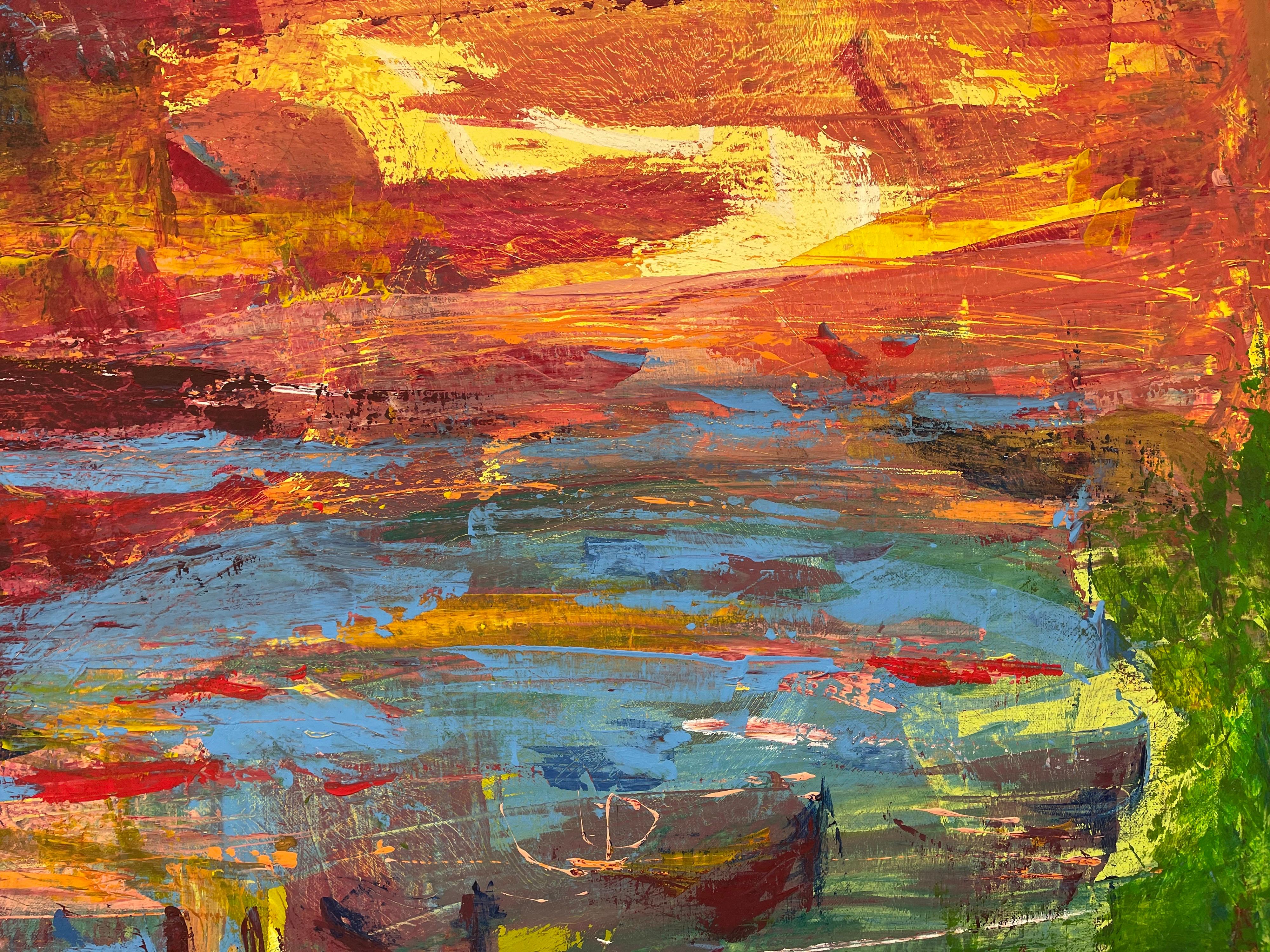 Abstrakte blau-orange-rote See-Sonnenuntergang-Landschaft des zeitgenössischen britischen Künstlers im Angebot 8