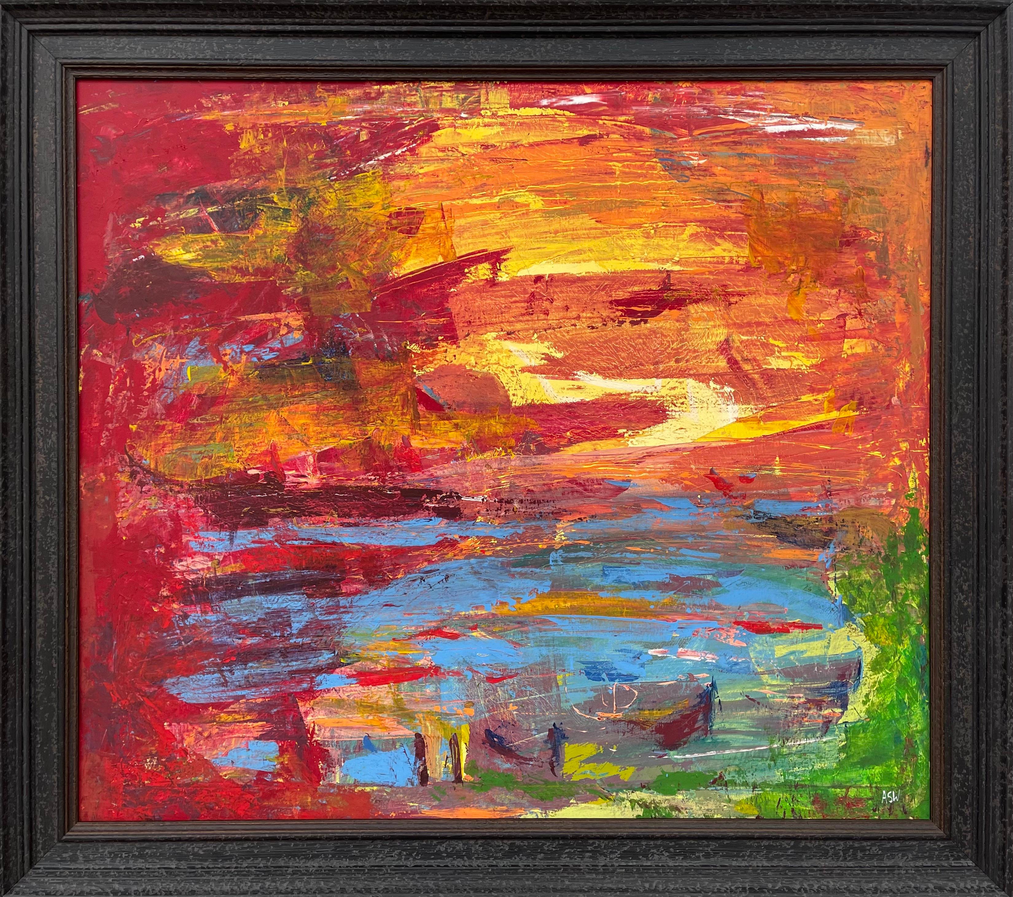 Abstrakte blau-orange-rote See-Sonnenuntergang-Landschaft des zeitgenössischen britischen Künstlers