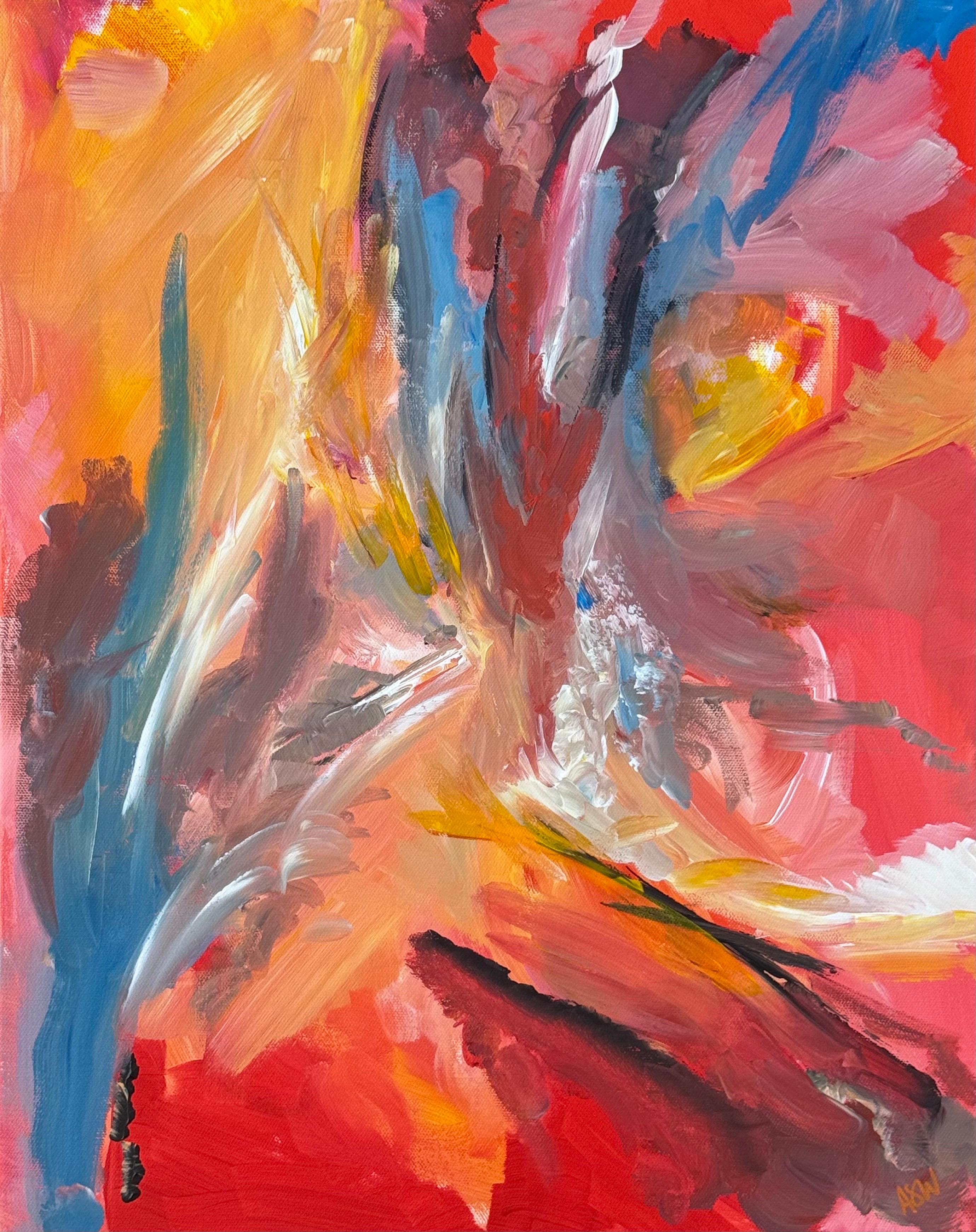 Pittura espressionista astratta di un artista britannico contemporaneo - Erupting Light - Landscape Painting Arancia di Angela Wakefield