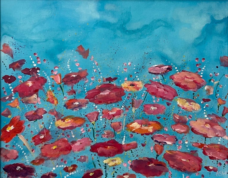 Angela Wakefield Abstract Landscape Art with Red and Pink Flowers on