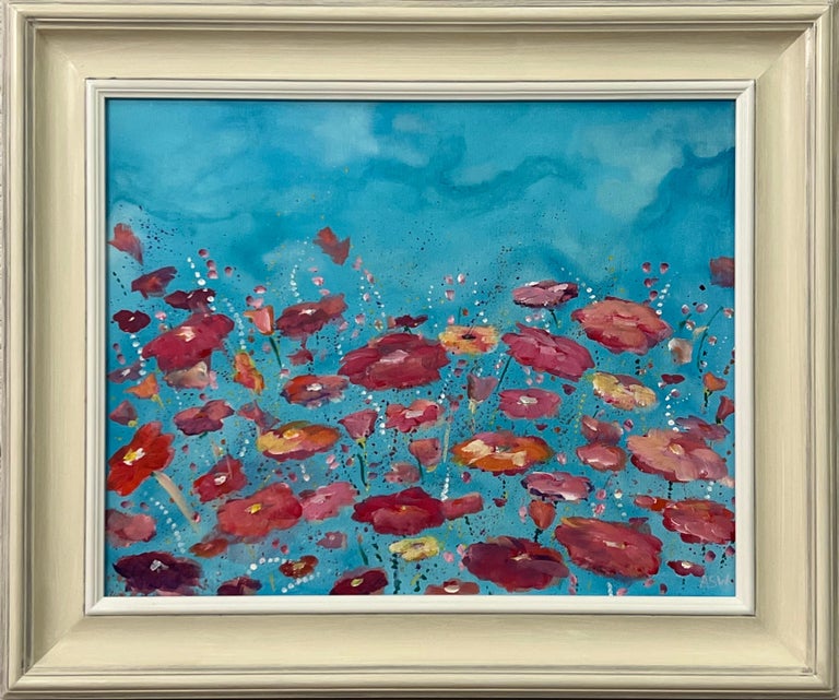 Angela Wakefield Abstract Landscape Art with Red and Pink Flowers on