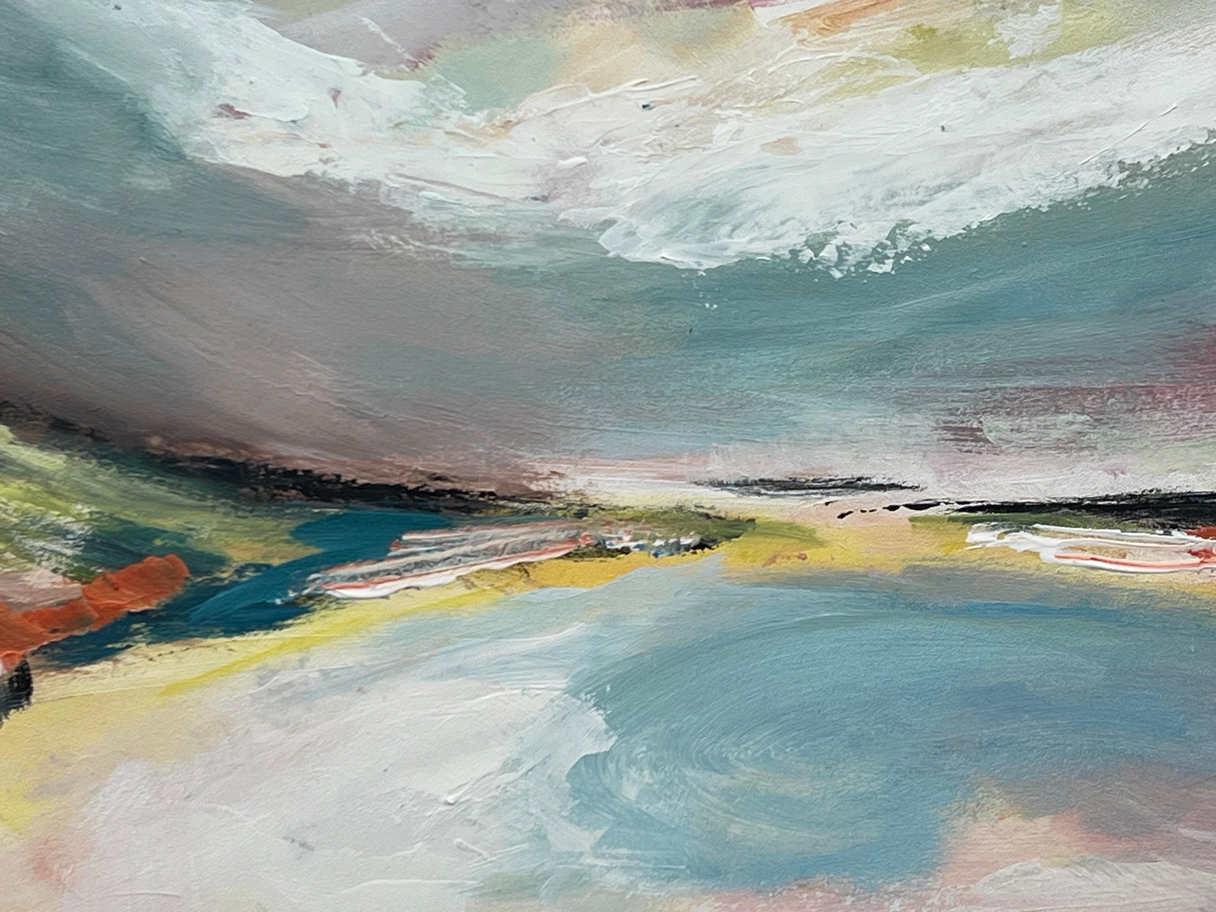 Abstract Landscape Seascape Art with Pink Blue & White Sky by British Artist For Sale 9