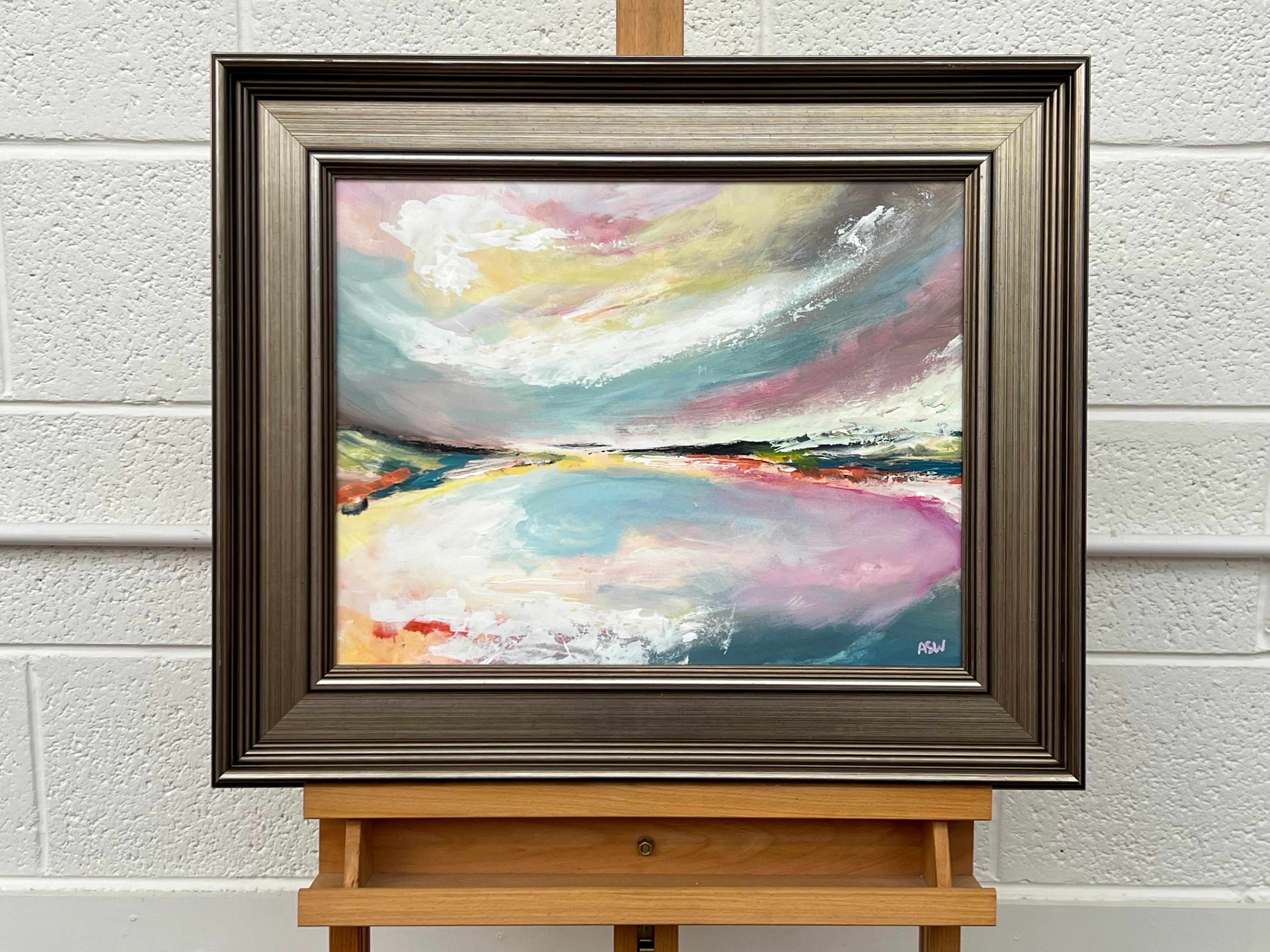 Abstract Landscape Seascape Art with Pink Blue & White Sky by British Artist For Sale 16