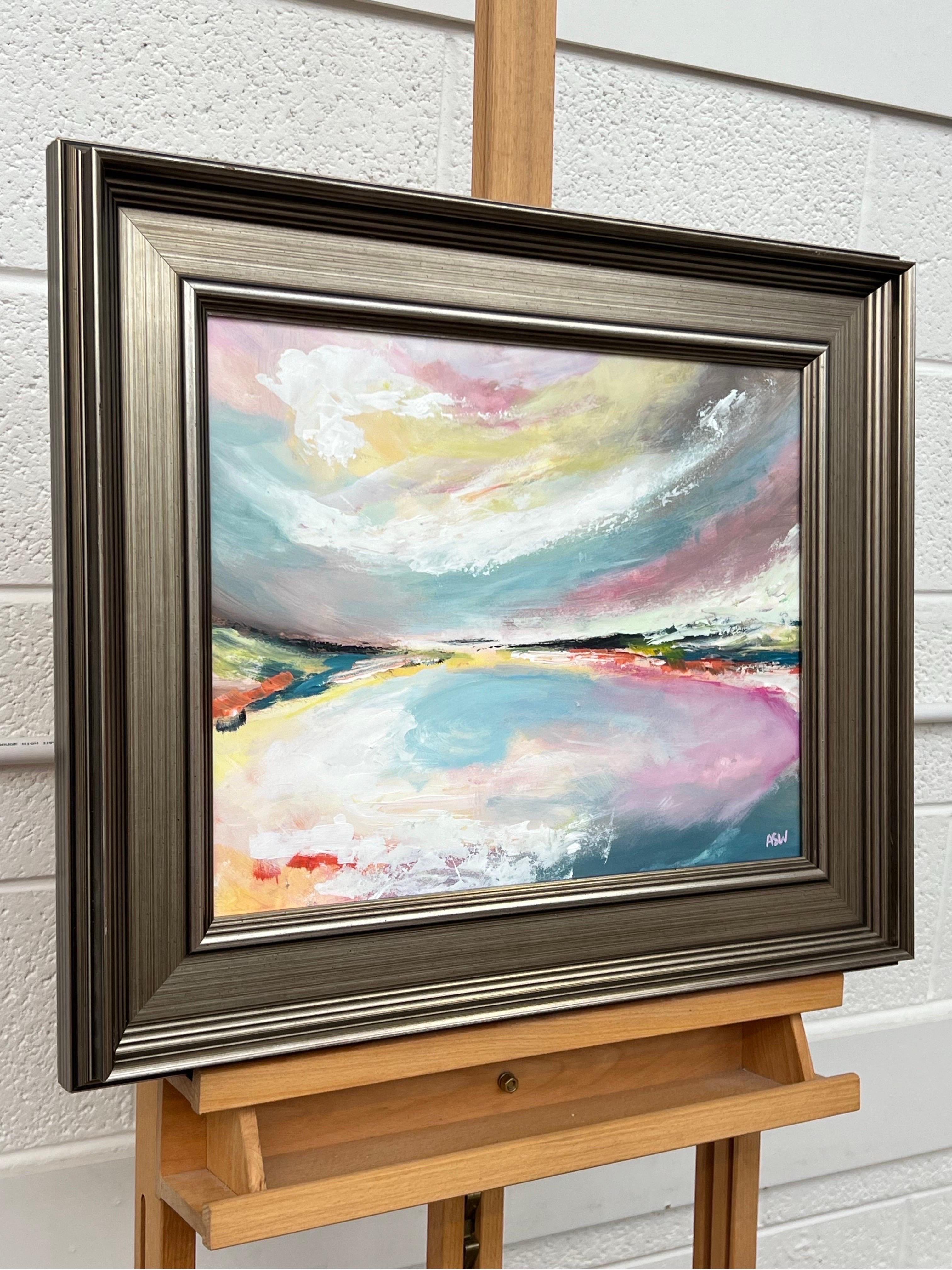 Abstract Landscape Seascape Art with Pink Blue & White Sky by British Artist For Sale 1