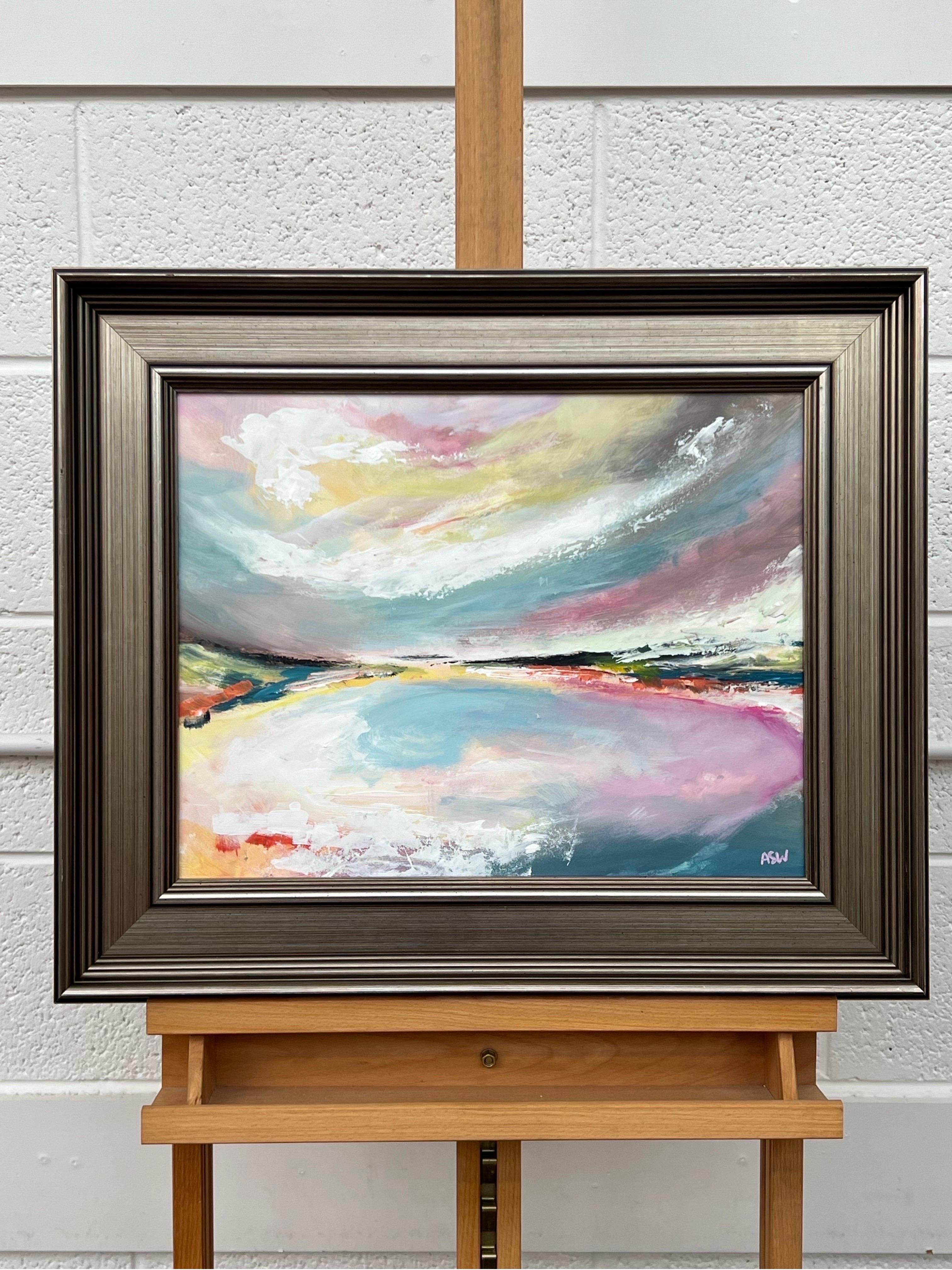 Abstract Landscape Seascape Art with Pink Blue & White Sky by British Artist For Sale 2