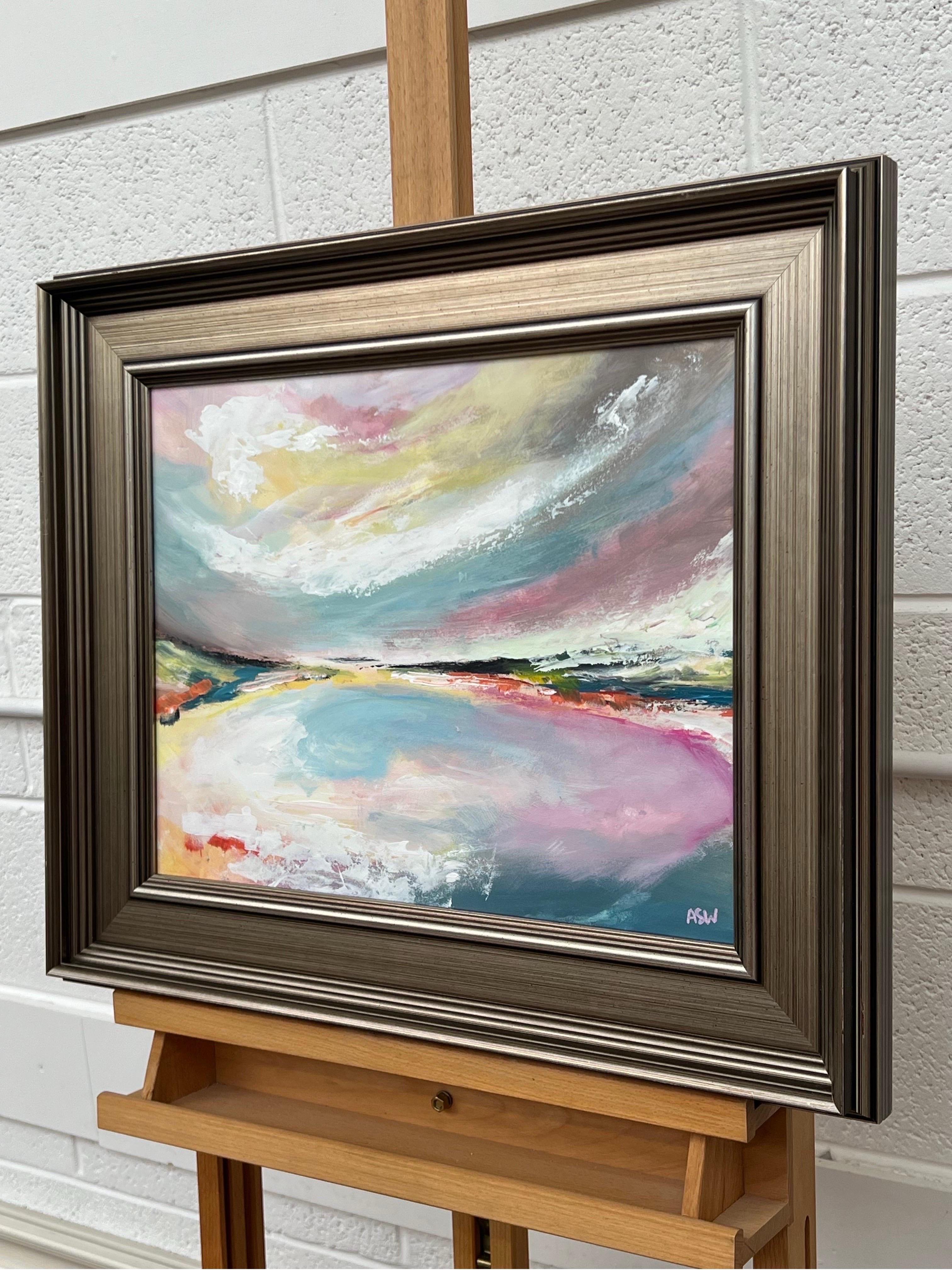 Abstract Landscape Seascape Art with Pink Blue & White Sky by British Artist For Sale 3