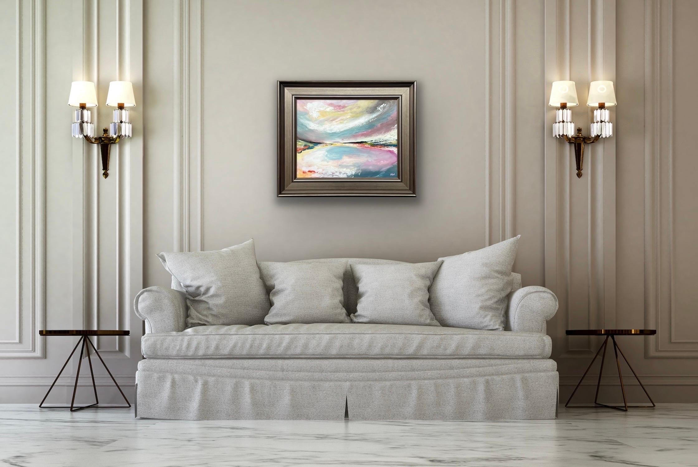 Paisaje marino abstracto con cielo rosa, azul y blanco de un artista británico - Abstract Painting Gris de Angela Wakefield
