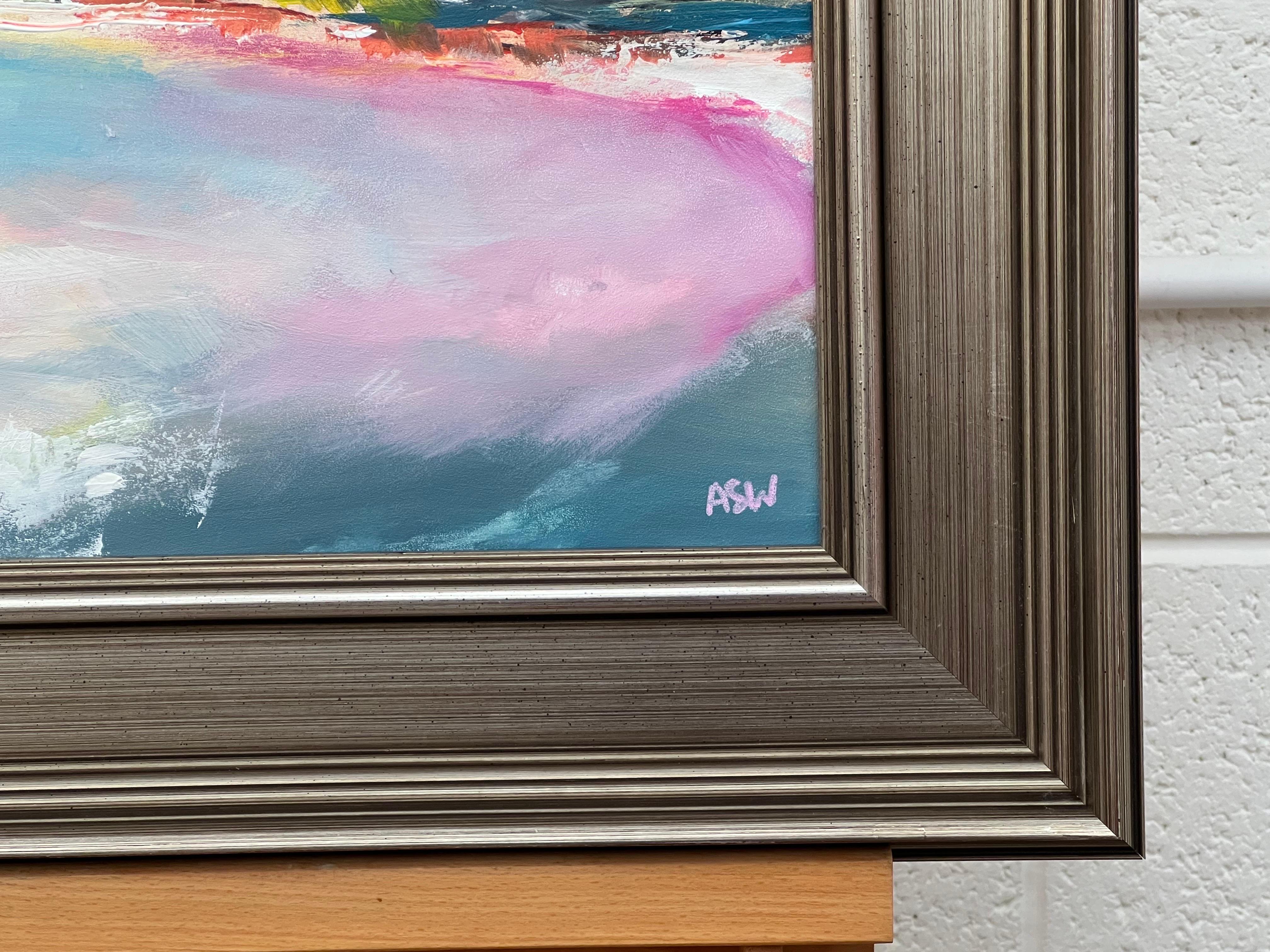 Abstract Landscape Seascape Art with Pink Blue & White Sky by British Artist For Sale 4