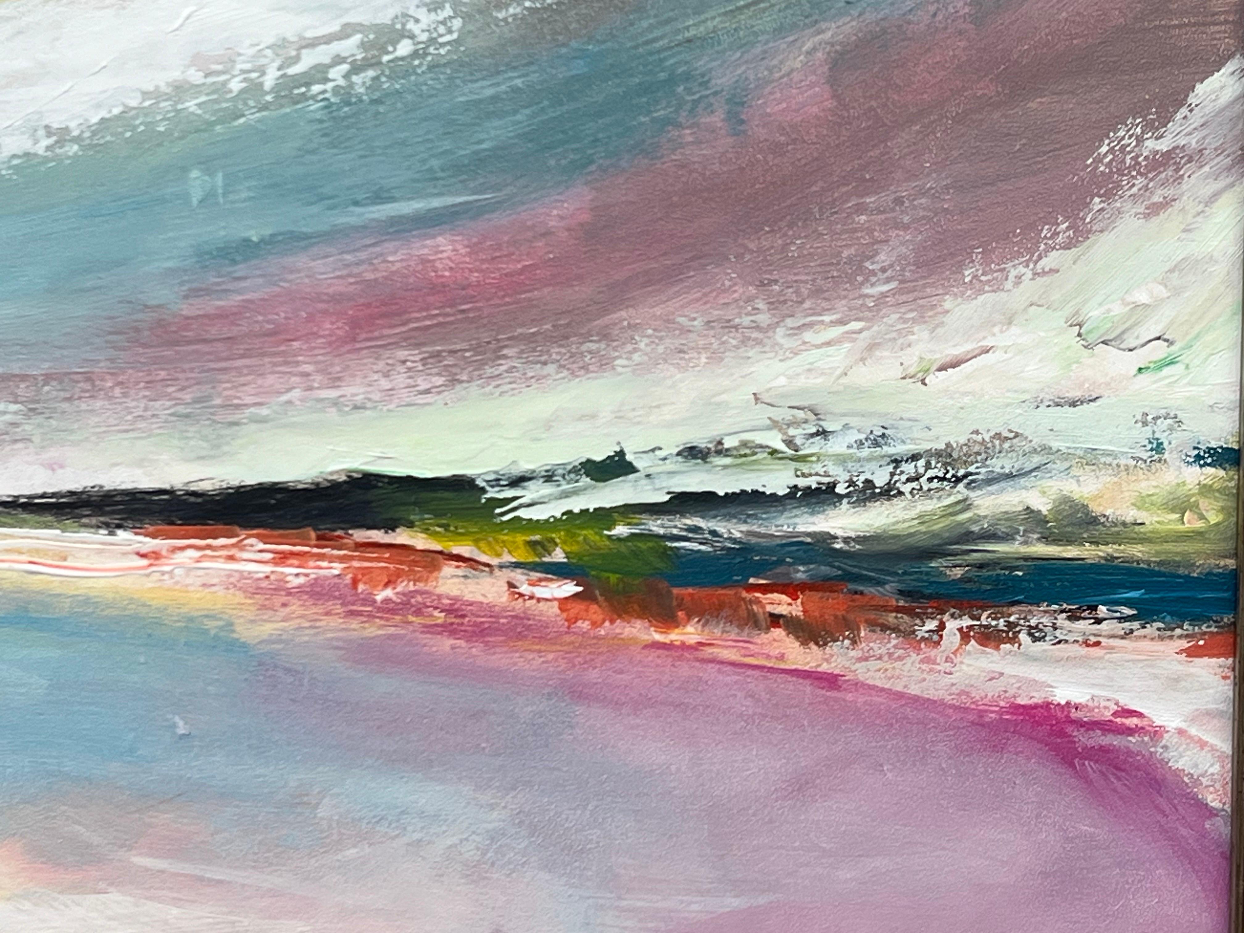 Abstract Landscape Seascape Art with Pink Blue & White Sky by British Artist For Sale 8